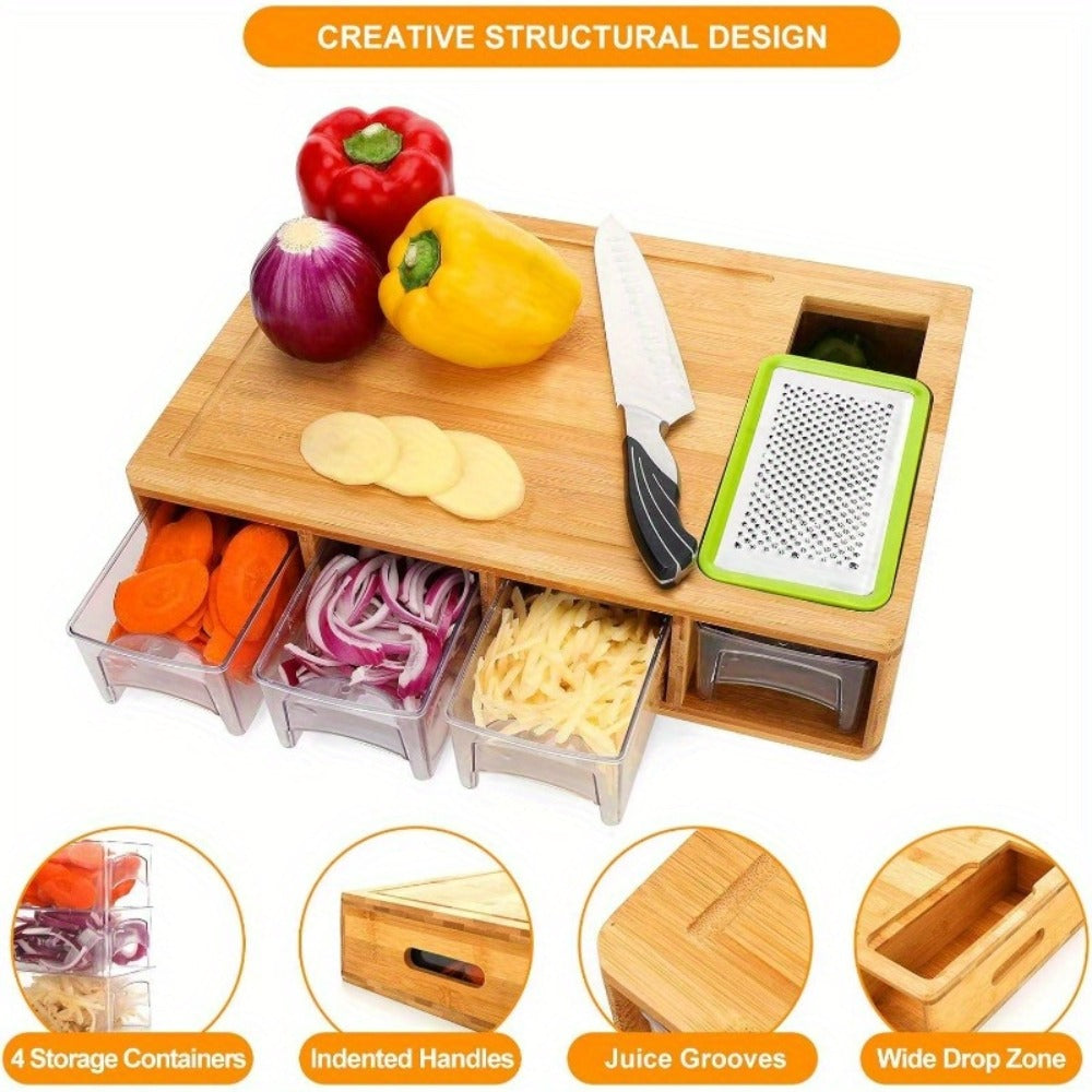 Bamboo Cutting Board with Trays & Drawers ¨C Large Butcher Block Chopping Board with Food Sliding Opening, Stackable Airtight Storage Trays & Bamboo Lids ¨C Kitchen Carving Board Gift for Home Cooks