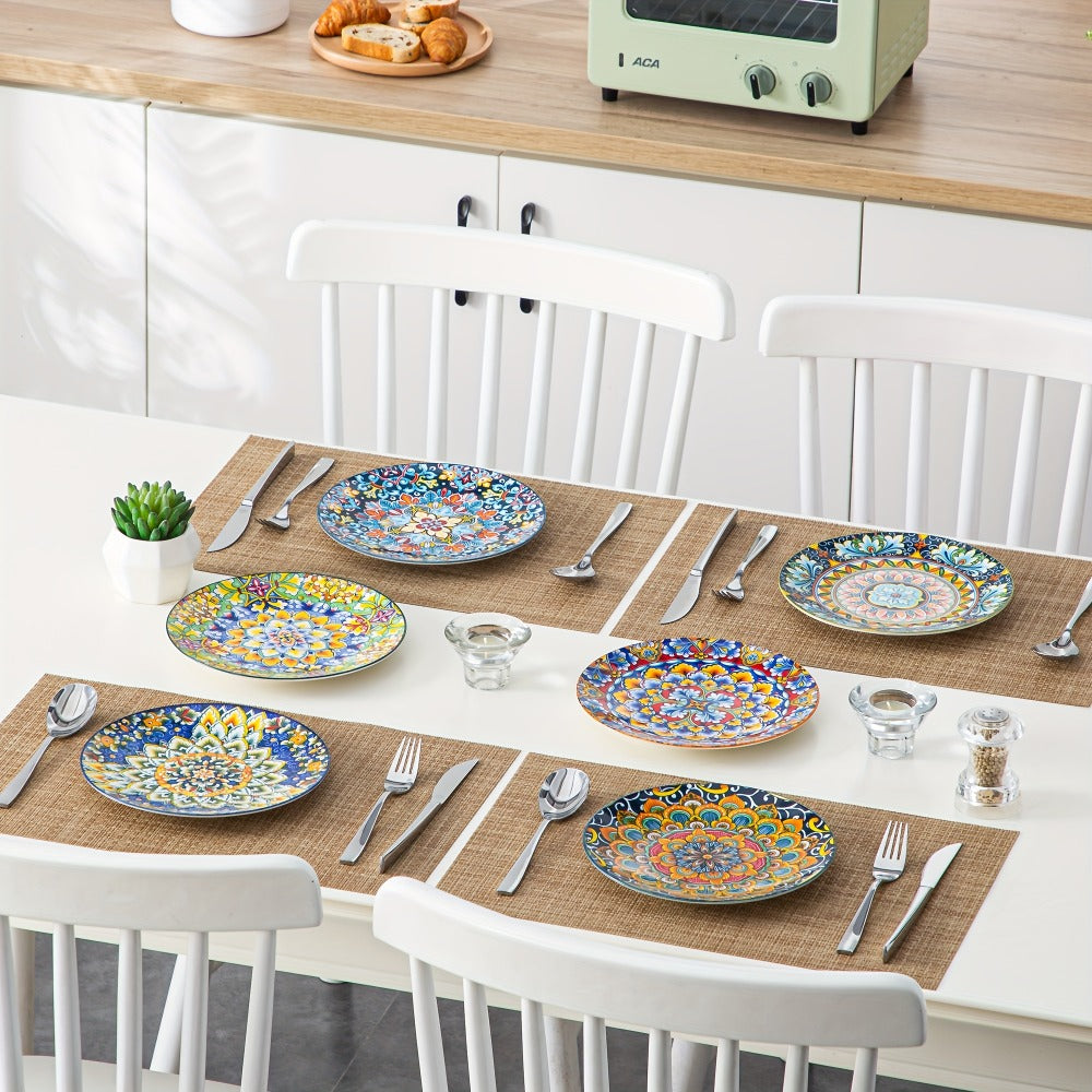 Bohemian Ceramic Dessert Plate Set of 6 - 8.5 Inch Colorful Abstract Pattern Dinnerware, Lead-Free Glazed Porcelain Plates, Dishwasher & Microwave Safe, Boho Home Decor Gift for Kitchen Dining Table
