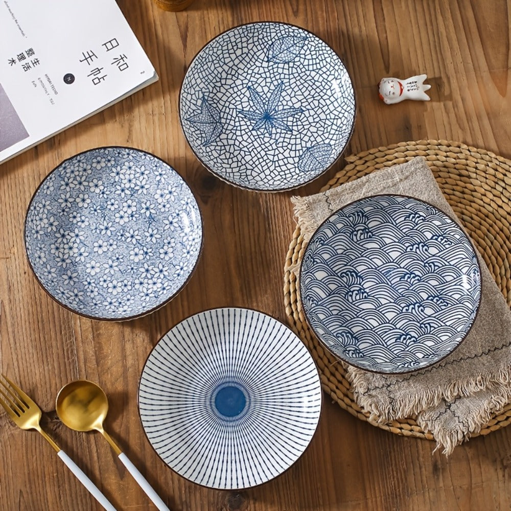 Blue White Ceramic Plates Set of 4 Round Shallow Serving Plates for Pasta Salad Bread Desserts - Holiday Dinnerware for Christmas Easter Thanksgiving Table Settings, Easy to Clean Dishwasher Safe