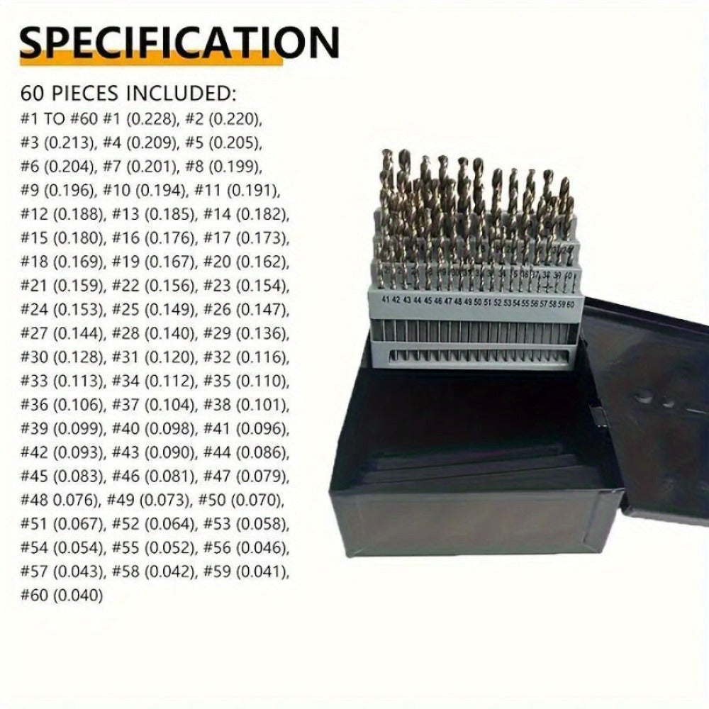 60pcs Cobalt Drill Bits Set Wire Gauge 1-60 Metal Index Box