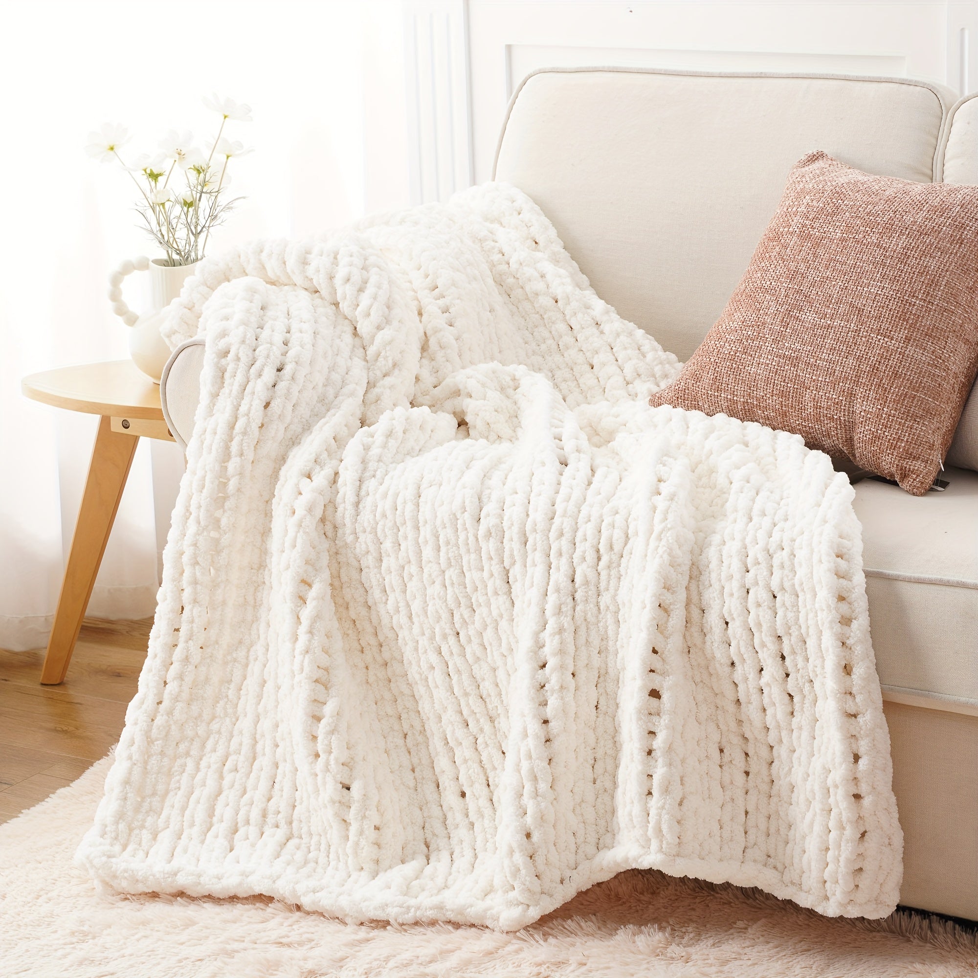 Chunky Chenille Cable Knit Throw Blanket ¨C 350-400gsm Soft Warm Crochet Throw for Sofa, Bed & Couch, Vintage Patchwork, 14 Colors