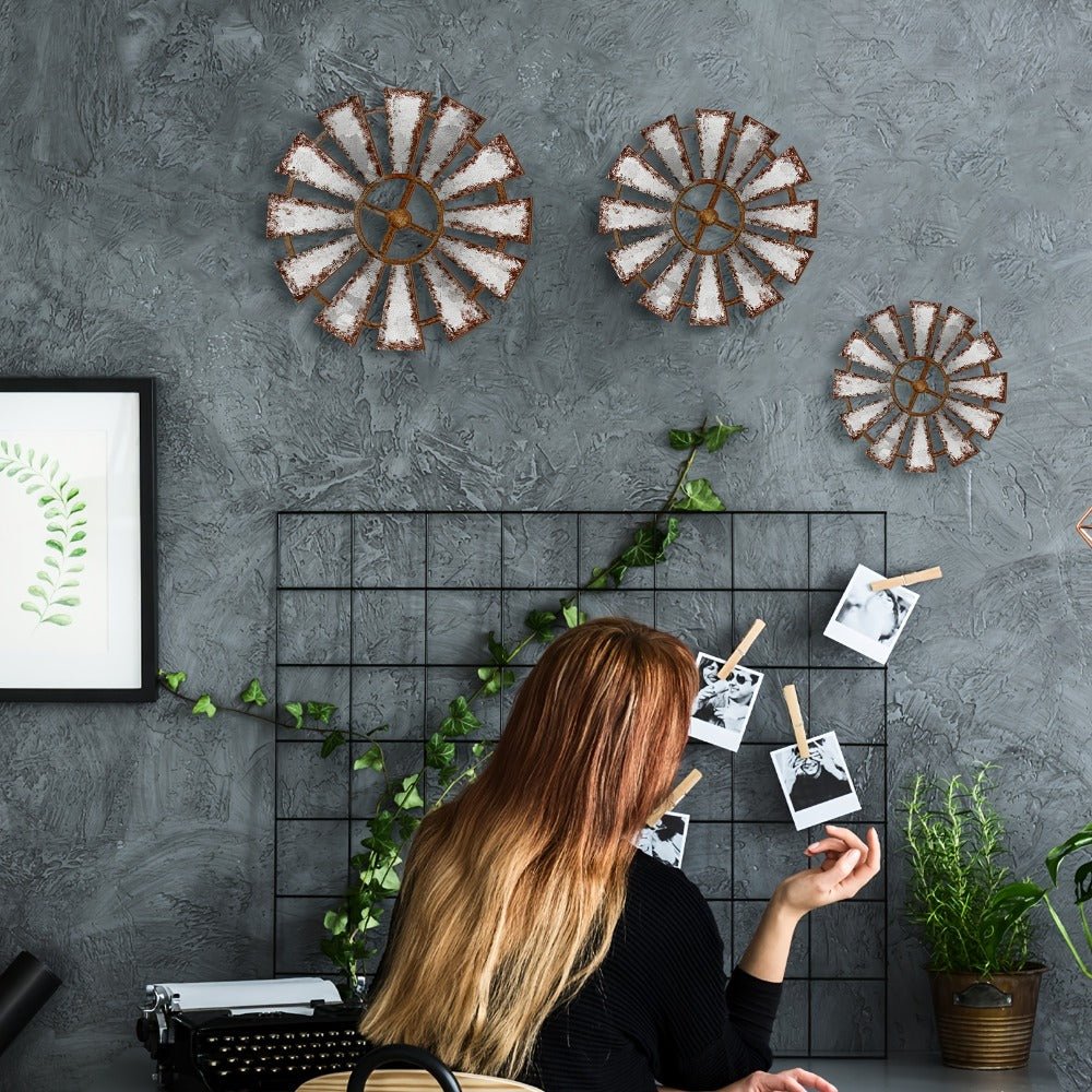 Bohemian Wood Windmill Wall Decor 3 Pack Rustic Wooden Wind Turbine Hanging Sculptures Farmhouse Wall Art for Living Room Bedroom Nursery Boho Home Decoration Indoor Outdoor Accent