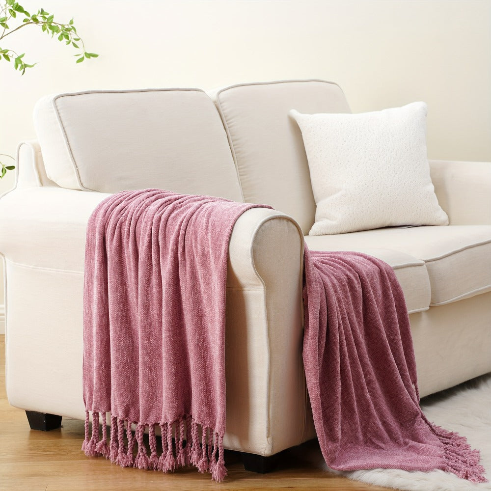 Chenille Fringe Throw Blanket ¨C 180-200gsm Velvety Soft Decorative Throw for Sofa & Couch, Home Decor, 50¡±¡Á60¡±, 17 Colors