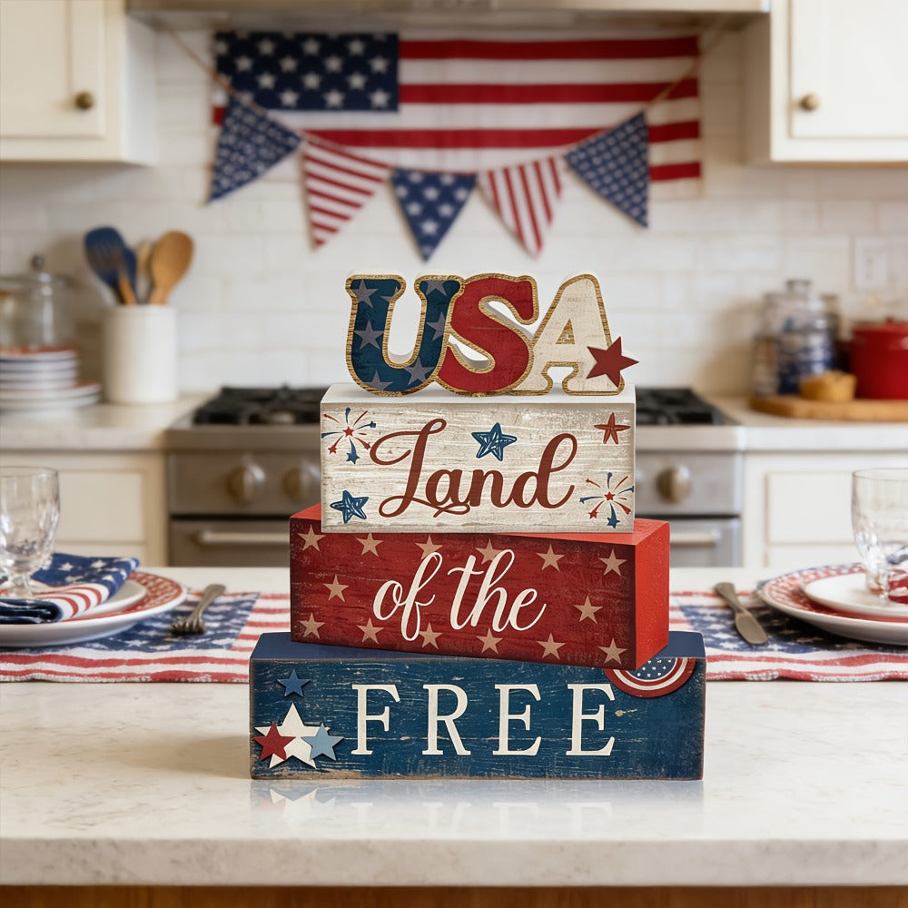 4th of July Tabletop Decorations Sign, Red White Blue Patriotic Tiered Tray Decor for Home Office Shelf, 250th Anniversary Gift