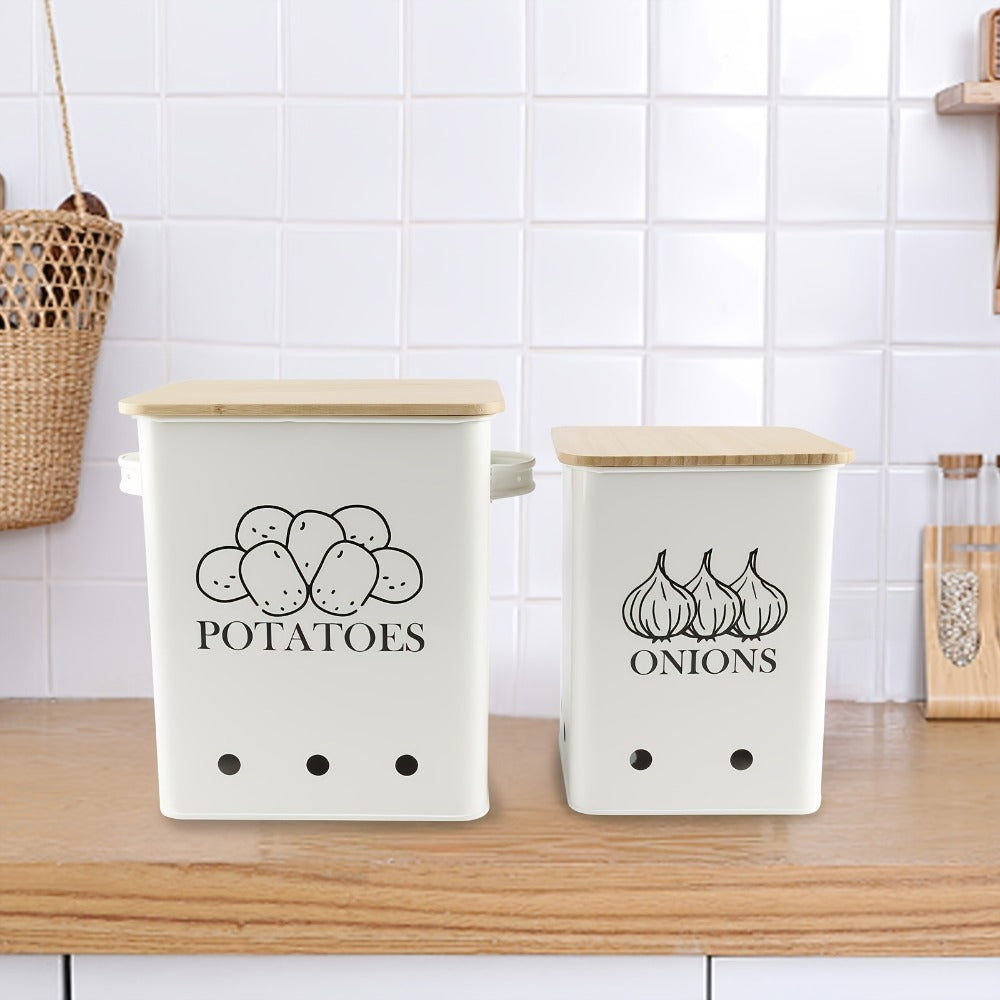 Kitchen Storage Canister Potato Onion Storage Bin Aerating Ventilation Holes Wooden Lid Multipurpose Kitchen Organizer for Onion Potato Fruit Vegetable Black White Grey Green