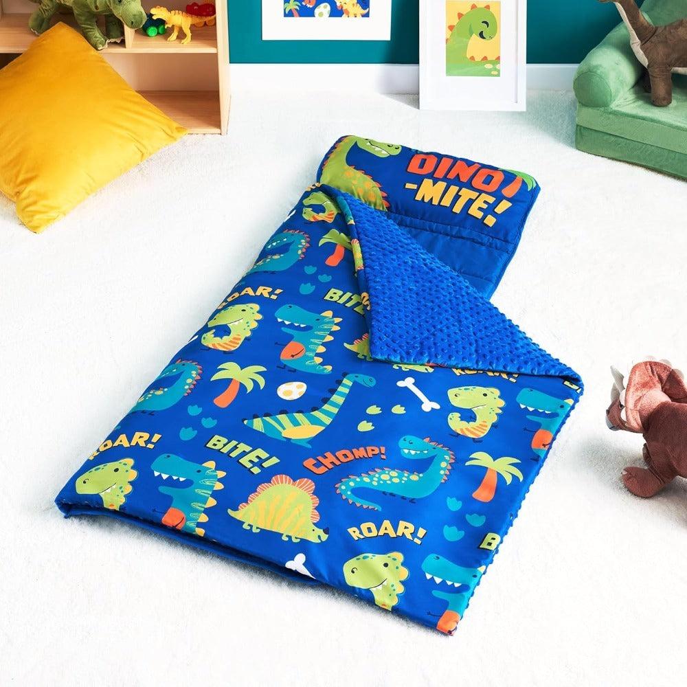Kids Nap Mat with Removable Pillow & Minky Blanket - Soft Roll-Up Sleeping Bag for Boys Girls, Blue Dinosaur Design, Preschool Kindergarten Daycare Sleepover, Ages 3+, 55''x30''