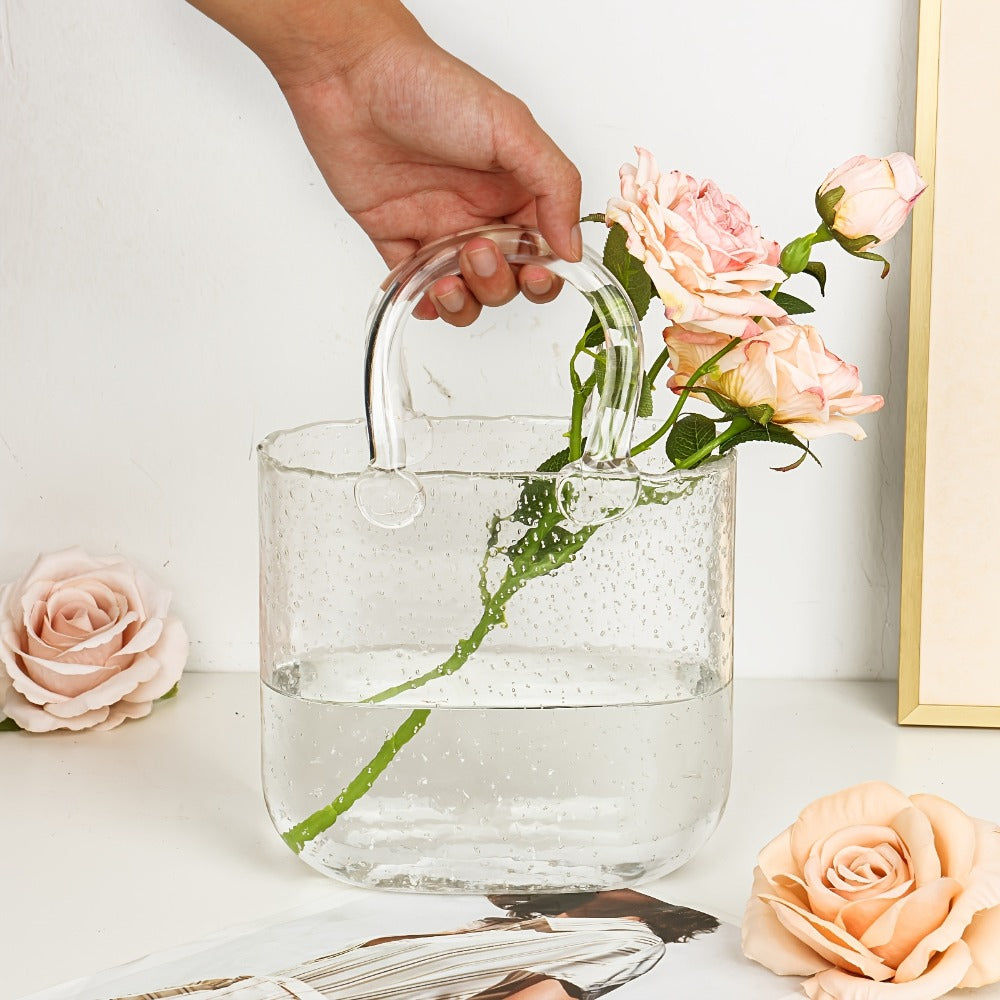 Glass Purse Vase for Flowers Glow in the Dark Vase Fish Bowl Bubble Clear Bag Vase with Handle 7.7x3.9x10.4In Unique Decorative Vases for Centerpieces Wedding Table Christmas Home Decor
