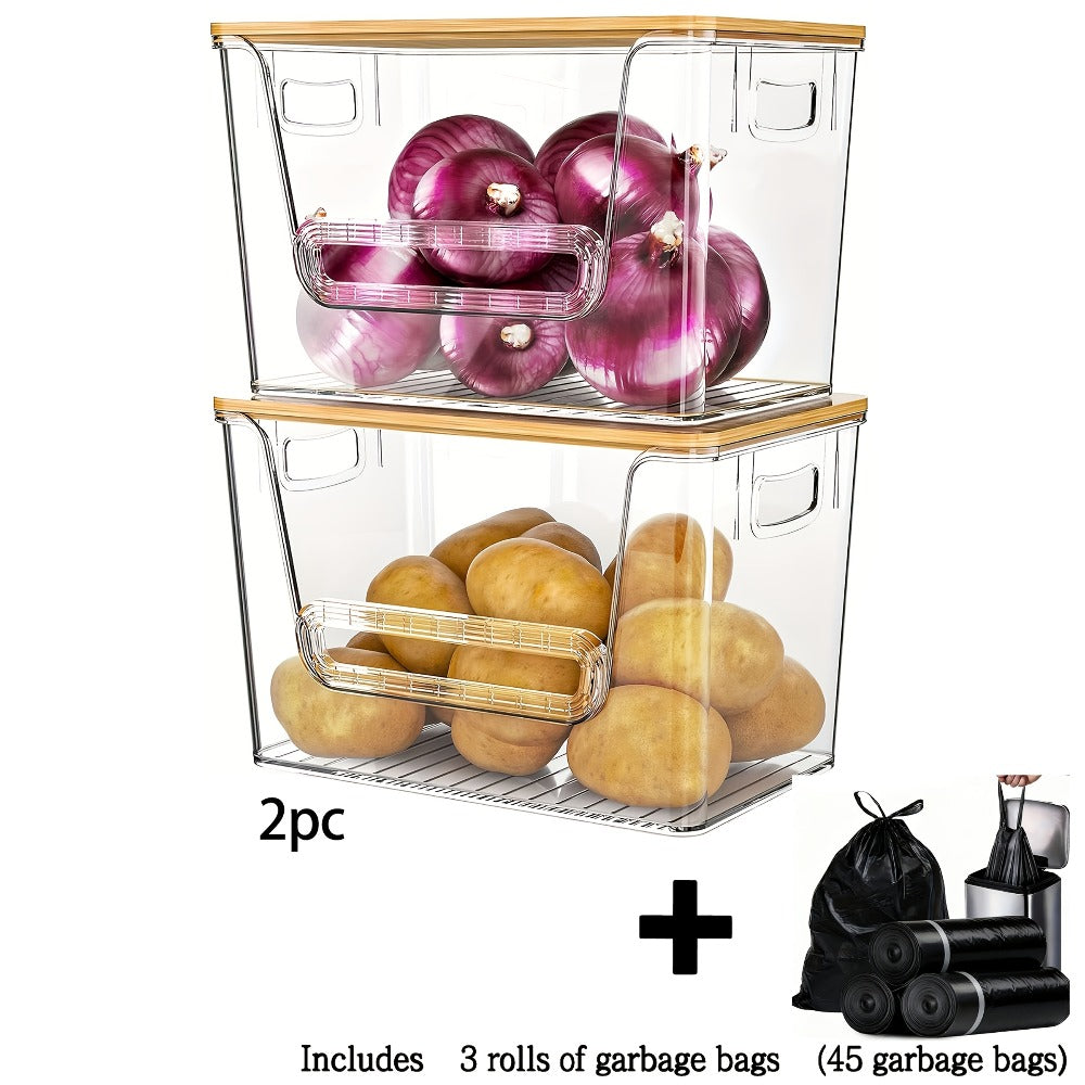 Stackable Kitchen Food Storage Organizer Boxes Clear Acrylic 2 Pack | Extra Large Transparent Produce Storage for Onions Potatoes Fruits Vegetables | Cabinet Pantry Space Saver with Garbage Bags