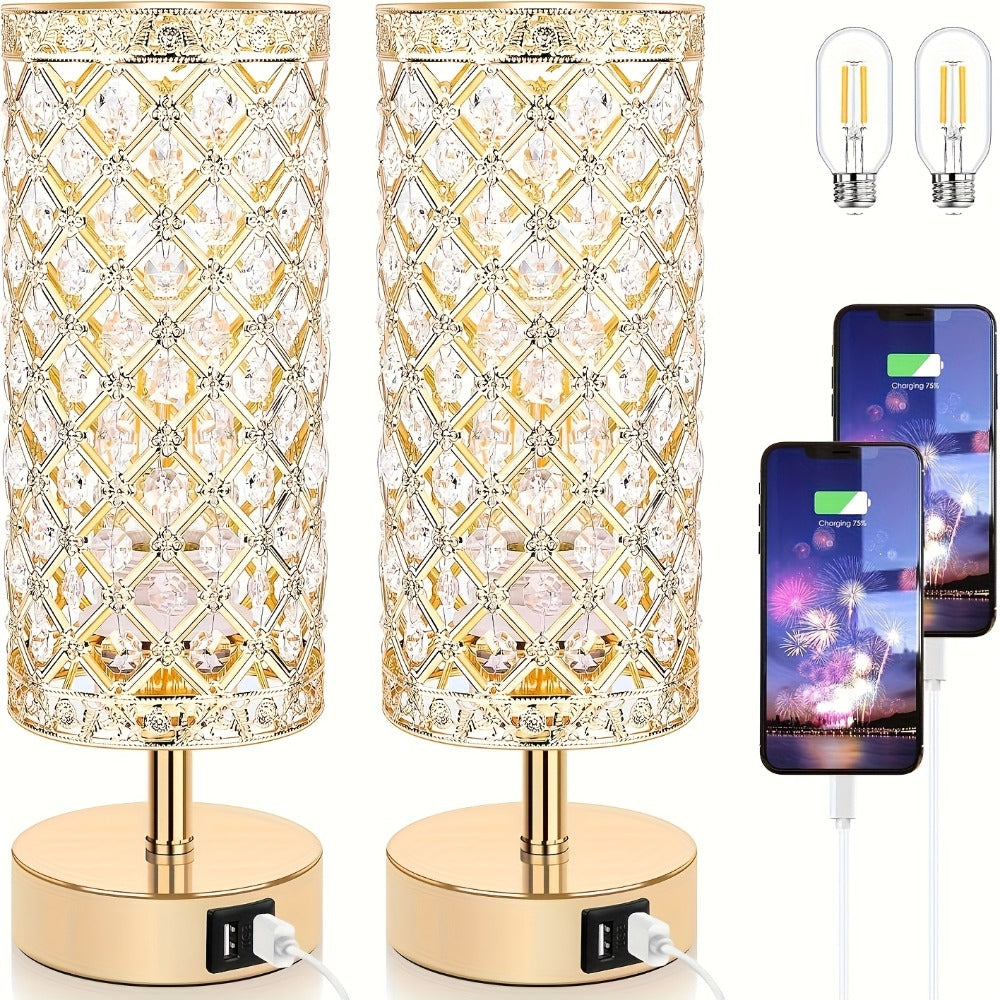 Crystal Bedside Table Lamp with Touch Control & 2 USB Charging Ports, 3-Way Dimmable Nightstand Lamp with Decorative Crystal Base, LED Bulb Included, for Bedroom Living Room Office