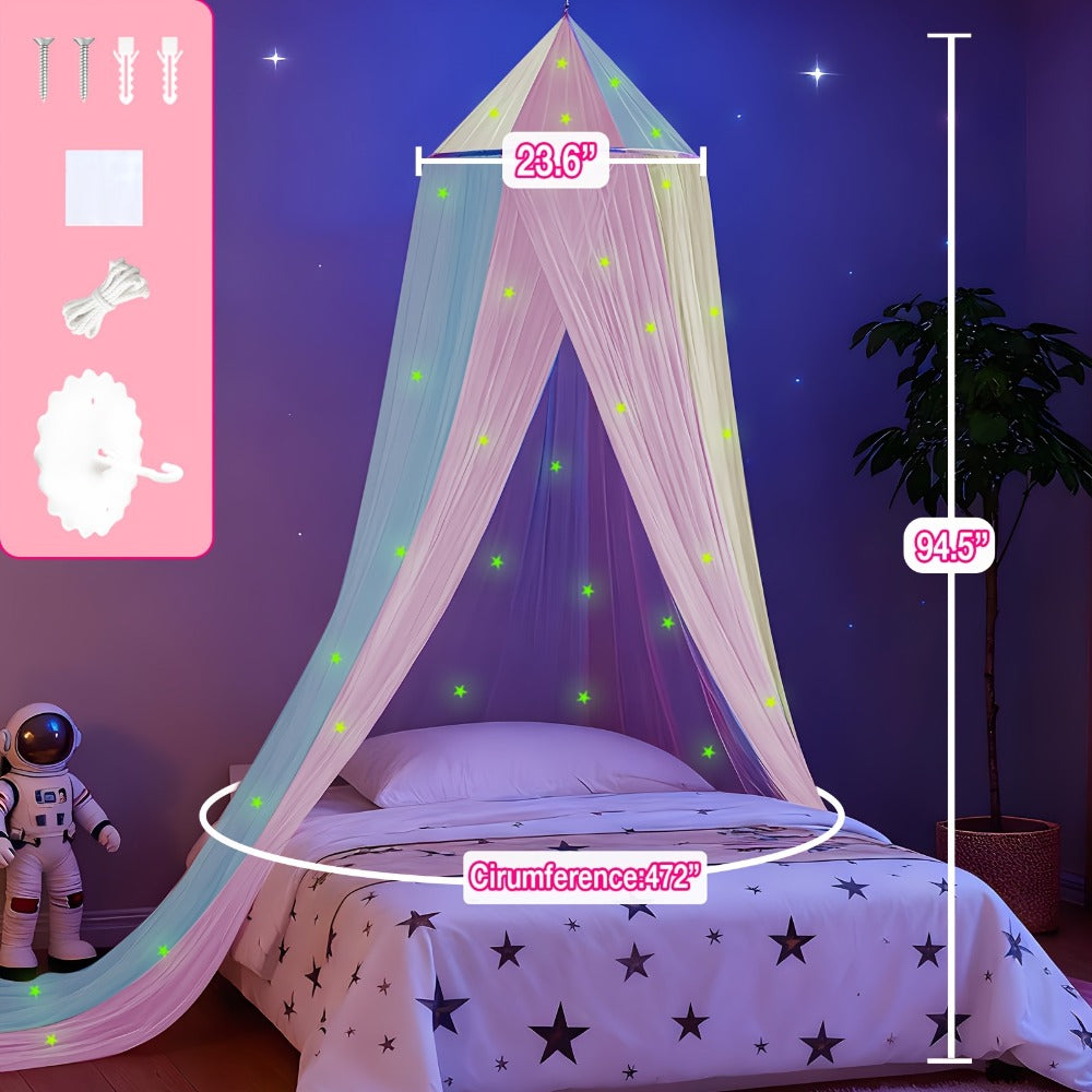 Bed Canopy for Girls Princess Rainbow Glow in the Dark Stars Colorful Canopy Curtain Fits Single Full Queen Size Bed Kids Room Decor Ceiling Tent Netting Machine Washable