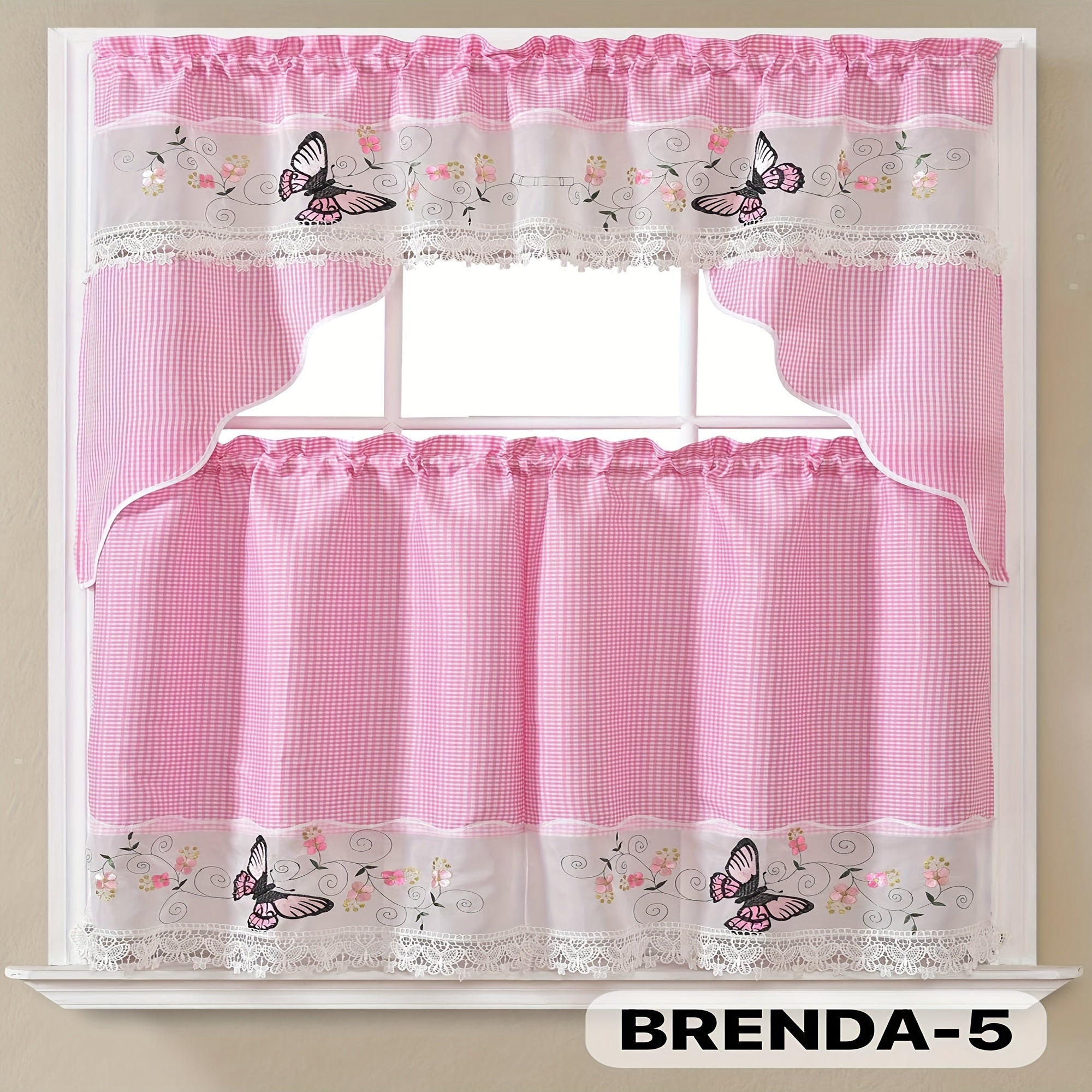 Kitchen Curtains 3 Piece Set Embroidered Satin Valance and Tiers - Rod Pocket Light Filtering Machine Washable 46 Colors Available All Season Home Decor
