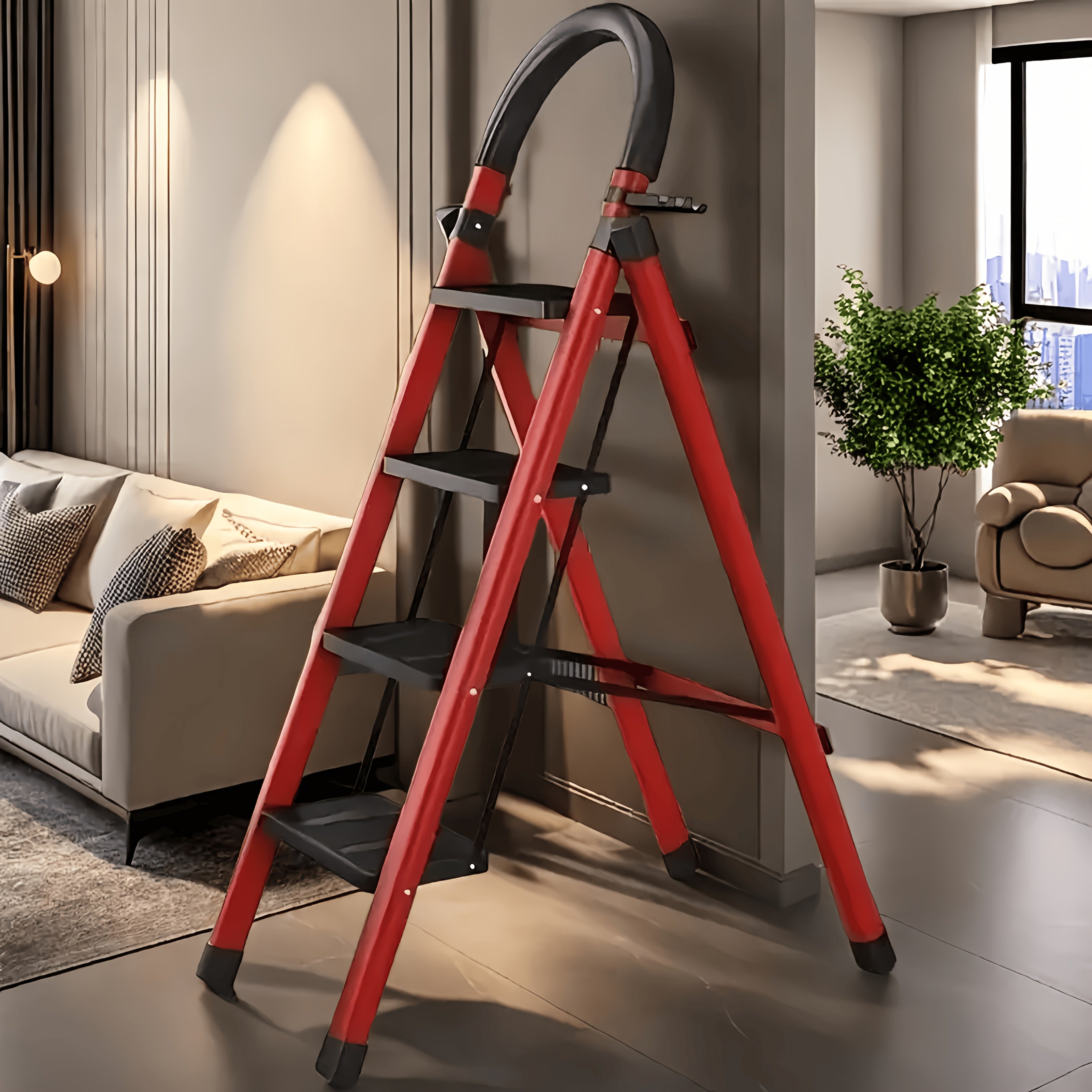 Folding Step Ladder 3 / 4 / 5 Step with Anti-Slip Pedal & Tool Tray ¨C 450 LBS Capacity Portable Steel Step Stool for Adults, Home, Kitchen, Library & Office Use ¨C Red & Black Options