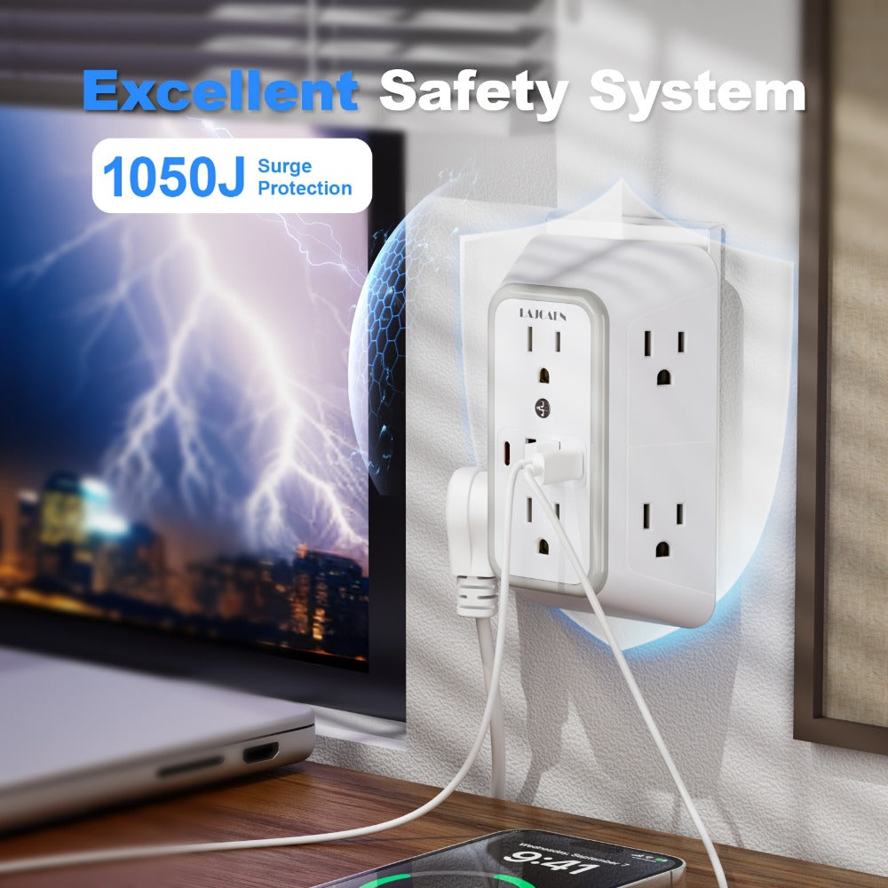 Outlet Splitter Wall Expander 10-in-1 with 6 AC Outlets 2 USB-A 2 USB-C Ports 3-Sided Plug Extender Surge Protector Night Light Compact Space-Saving Design for Home Dorm Apartment Office