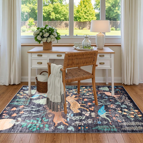 Area Rug 8x10 Ft Soft Non-Slip Machine Washable Large Floor Rug with Floral Forest Animal Patterns for Living Room Bedroom Home Decor ¨C Durable Easy Clean Indoor Carpet