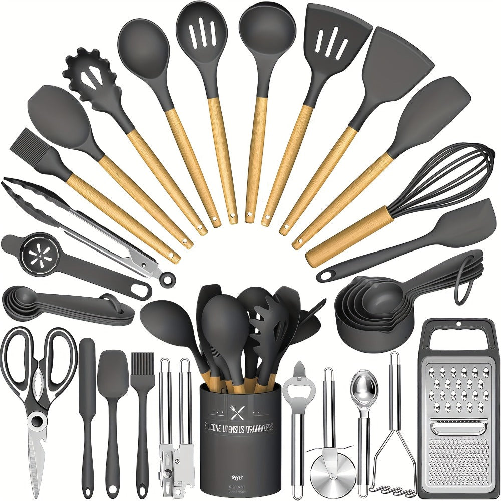 Silicone Kitchen Utensils Set 34-Piece with Holder ¨C Heat Resistant Cooking Spatula Tools for Nonstick Cookware | Wooden Handle Kitchen Gadgets | Father's Day & Housewarming Gift