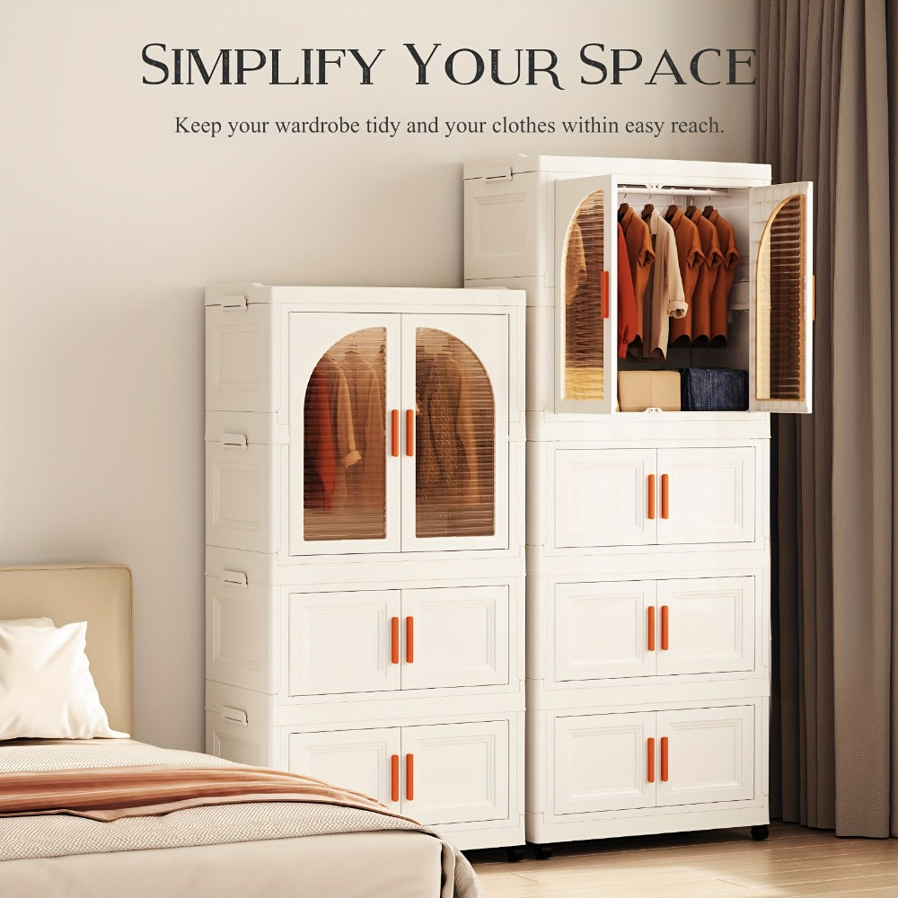 Folding Wardrobe Storage Cabinet on Wheels with Magnetic Door, Hanging Rod & Shelves ¨C 25.6¡± Wide Portable Closet Organizer