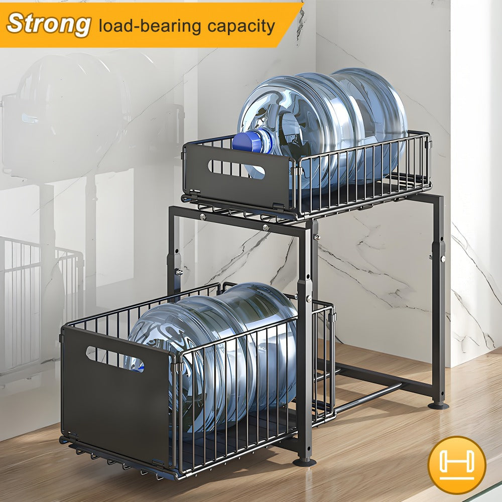 2-Tier Pull Out Cabinet Organizer No Drill Slide Out Shelf Kitchen Pantry Storage Roll Out Drawer Black