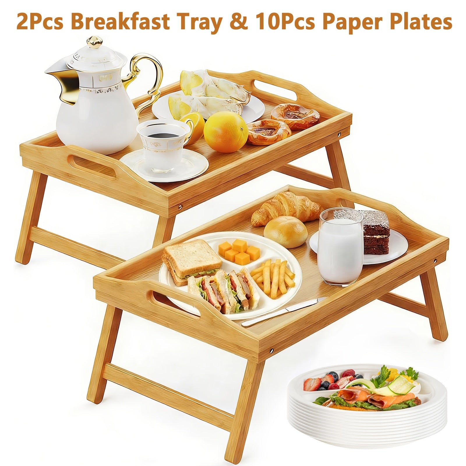 Bamboo Breakfast Tray with Folding Legs & Handles 2 Pack ¨C Extra Wide Foldable Bed Tray Table for Eating, Working & Drawing on Sofa or Bed, Food-Safe Natural Bamboo with 10 Paper Plates
