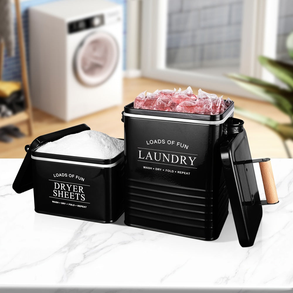 Laundry Pod Container & Dryer Sheet Holder Set with Scoop ¨C Metal Farmhouse Laundry Room Organizer, Detergent Dispenser & Soap Storage