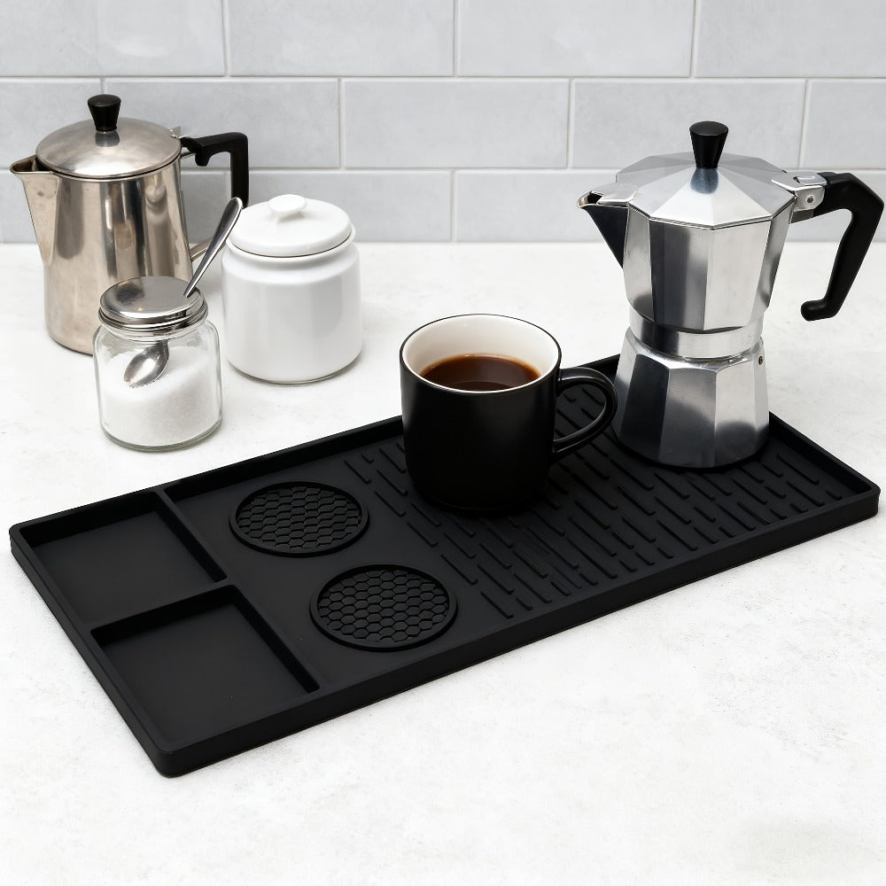Coffee Bar Mat Silicone with Raised Edges 2-in-1 - Dish Drying Mat for Countertop, Coffee Maker Espresso Machine Mat, Spill Proof Kitchen Counter Mat 23.6¡± x 15.7¡±, Black or Gray