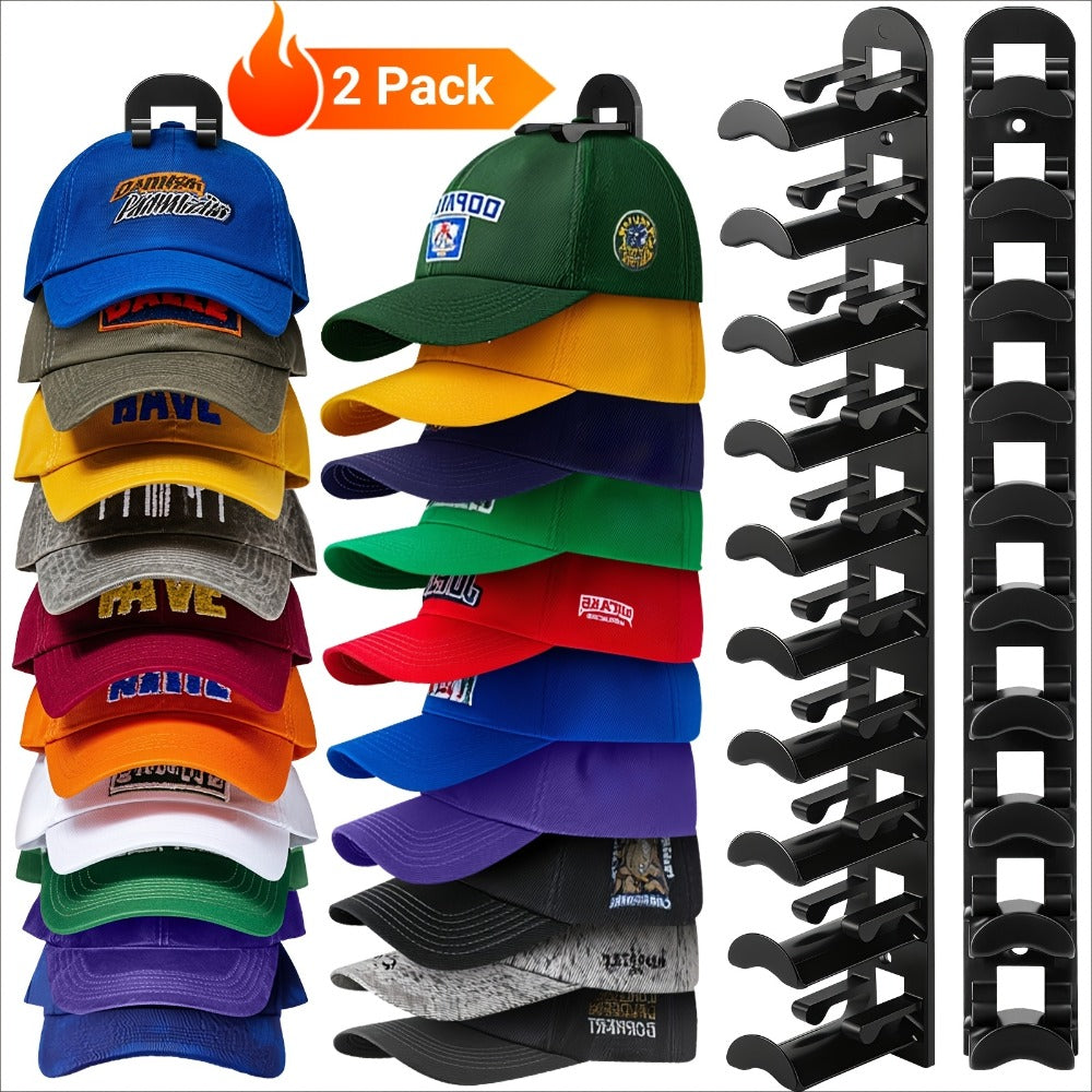 Wall Mounted Hat Rack for Baseball Caps ¨C Adhesive or Drill Mount, Holds 20 Hats, Multilayer Storage, 2pcs