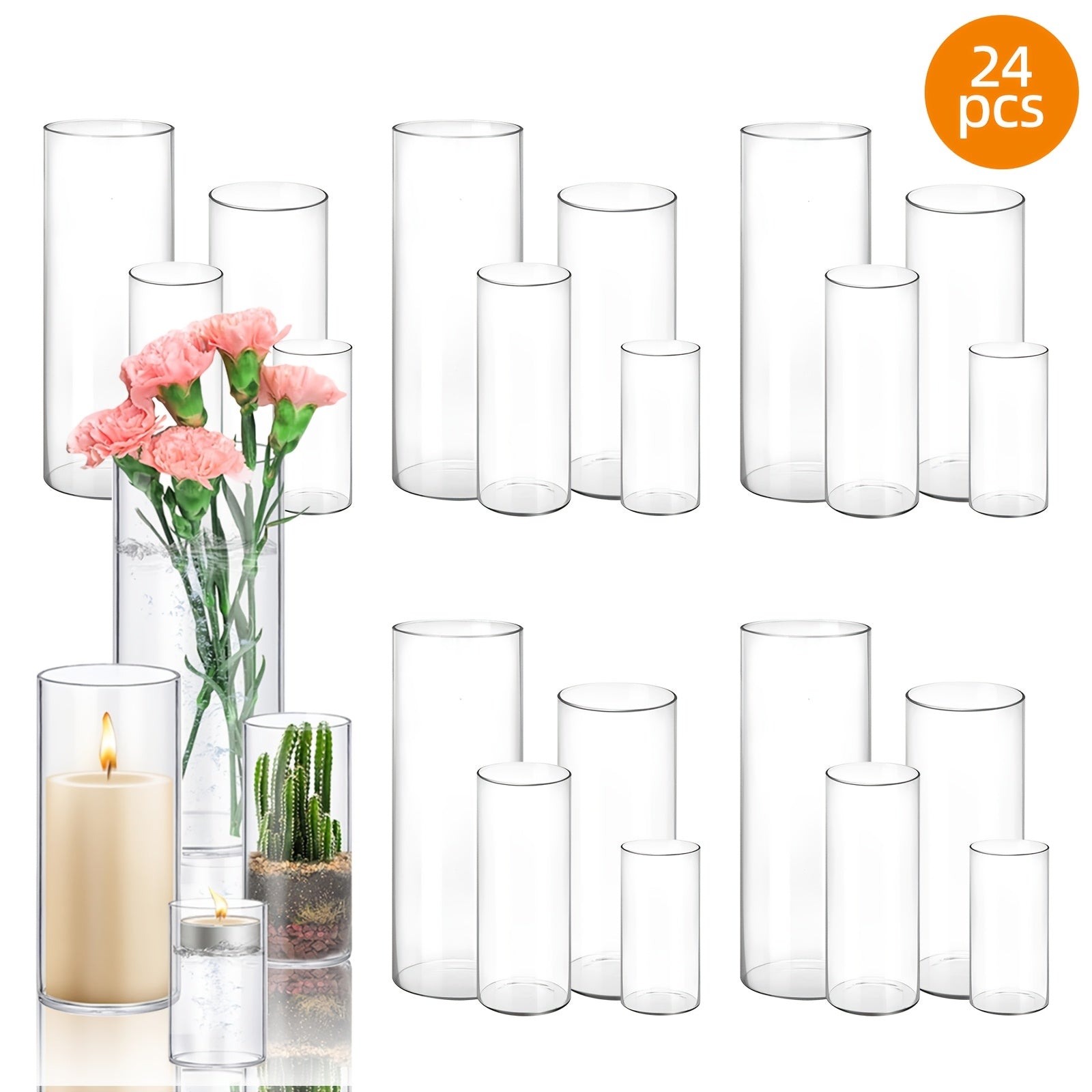 Clear Glass Cylinder Candle Holder Vases 12/24/36/48 Pcs | 4 6 8 10 Inch Tall Hurricane Floating Candle Vase | Wedding Centerpiece Table Decor | Party Home Shelf Decoration Glass Vase Bulk Set