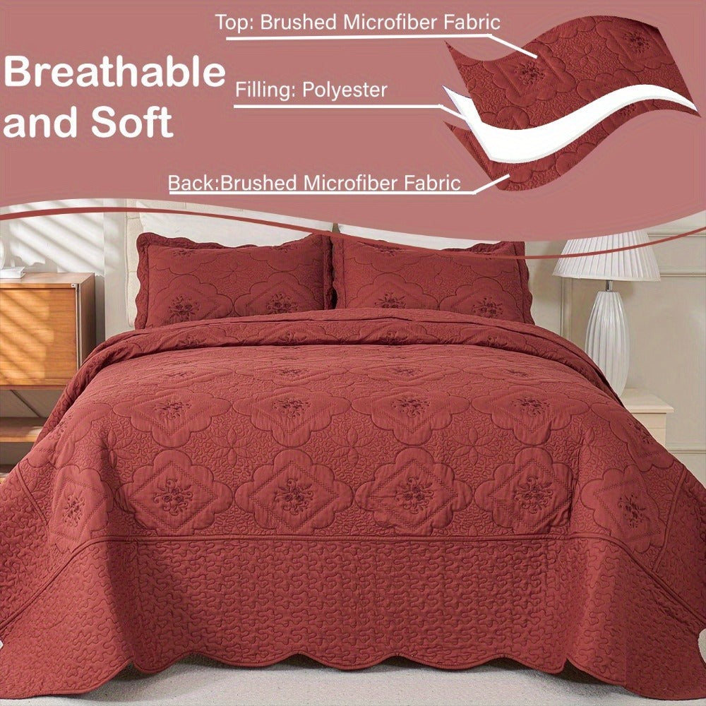 Quilt Set 3 Piece Floral Embroidery Bedspread - 100% Polyester Wrinkle Resistant Lightweight Quilted Coverlet with 2 Pillow Shams for Full Queen King Bed, Elegant Bedroom Decor in 19 Colors