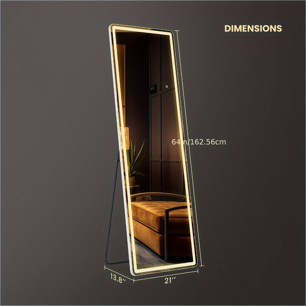 LED Full Length Mirror with Lights, Touch Control Lighted Full Body Mirror, Free Standing Wall Mounted Leaning Bedroom Mirror with LED Light Strip for Dressing Room Vanity