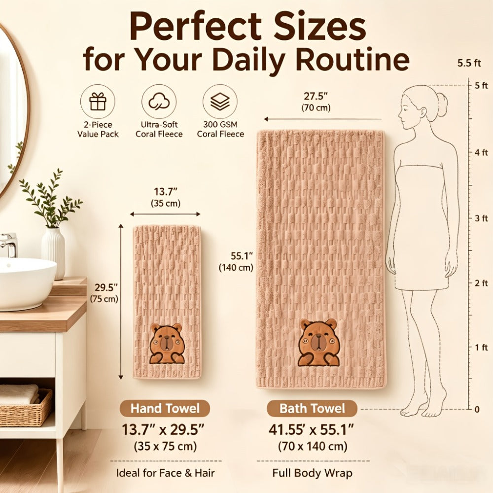 Bath Towel Set 2 Piece Cute Capybara Coral Fleece Super Soft Ultra Absorbent Quick Dry Face Towel and Bath Sheet for Spa Gym Hotel Guest Bathroom