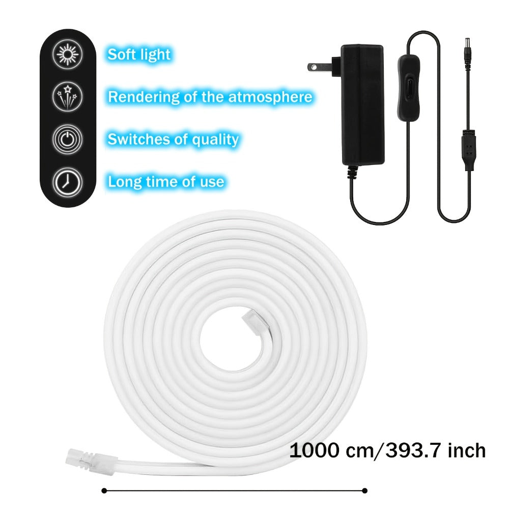 LED Neon Light Strip 32.8ft 10m 1200 LEDs Super Bright, IP65 Waterproof 24V Flexible Neon Strip with Power Adapter & Mounting Clips, White Pink Warm White Ice Blue, Bedroom Kitchen Outdoor Christmas Halloween Decor