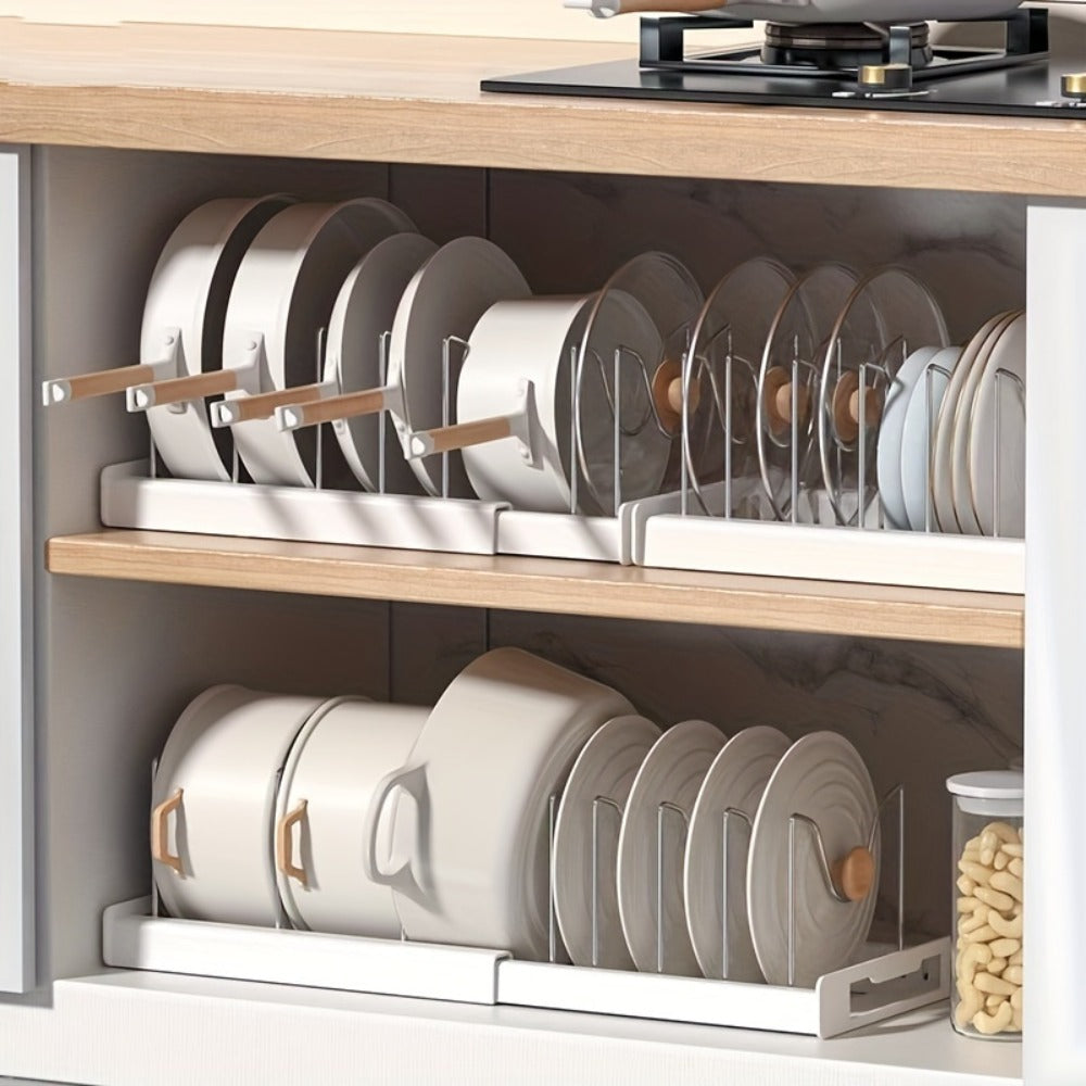 Pot Organizer Rack Adjustable Expandable Kitchen Cabinet Pots and Pans Organizer with Adjustable Dividers Easy Storage Organization for Kitchen Home White Gray