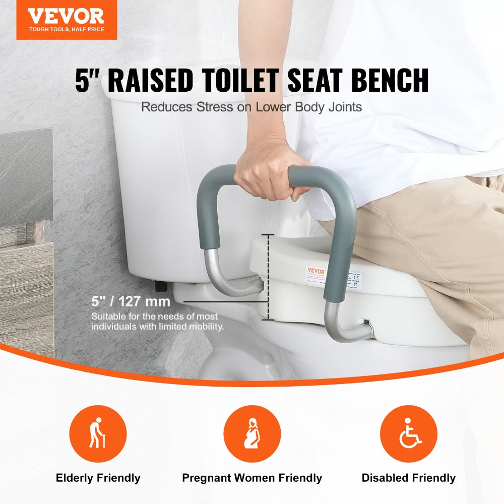 Raised Toilet Seat with Arms for Seniors & Elderly - 5 Inch Elevated Toilet Seat, 350 lbs Capacity, Twist Lock, Adjustable Armrests with Padding, Fits Round & Elongated Toilets
