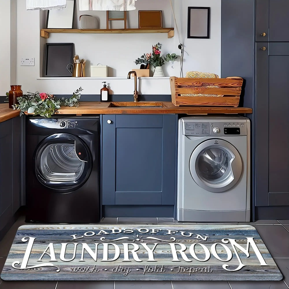 Non-Slip Laundry Room Mat Wood Grain Design - Heavy Duty Washable Rubber Backing Carpet | Rustic Dark Brown & Gray Kitchen Bathroom Rug | Durable Easy Clean Home Floor Mat in 2 Sizes