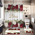 Rose Print Shower Curtain 4-Piece Bathroom Set ¨C Toilet Lid Cover Mat Machine Washable with 12 Hooks Elegant Floral Decor