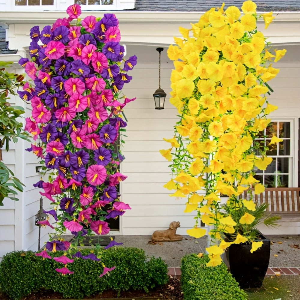 Artificial Flowers Outdoor UV Resistant 4 Bundles Hanging Morning Glory Fake Flowers for Porch Window Box Garden Home Decor Thanksgiving Christmas