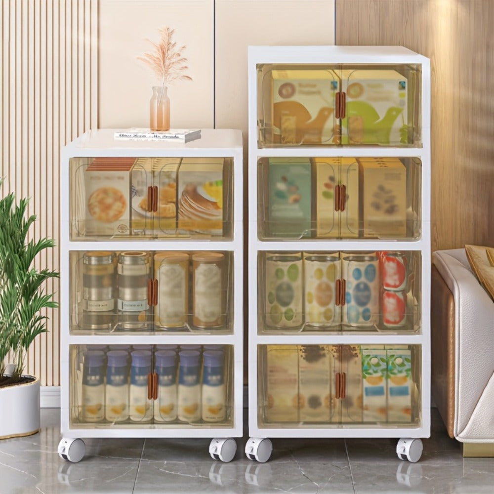Stackable Foldable Storage Cabinet with Door ¨C PP Plastic 1/2/3/4/5 Layer Organizer Box with Wheels & Cover | Dual-Access Home Storage for Clothes, Books, Snacks & Kitchen Supplies | Office & Garage