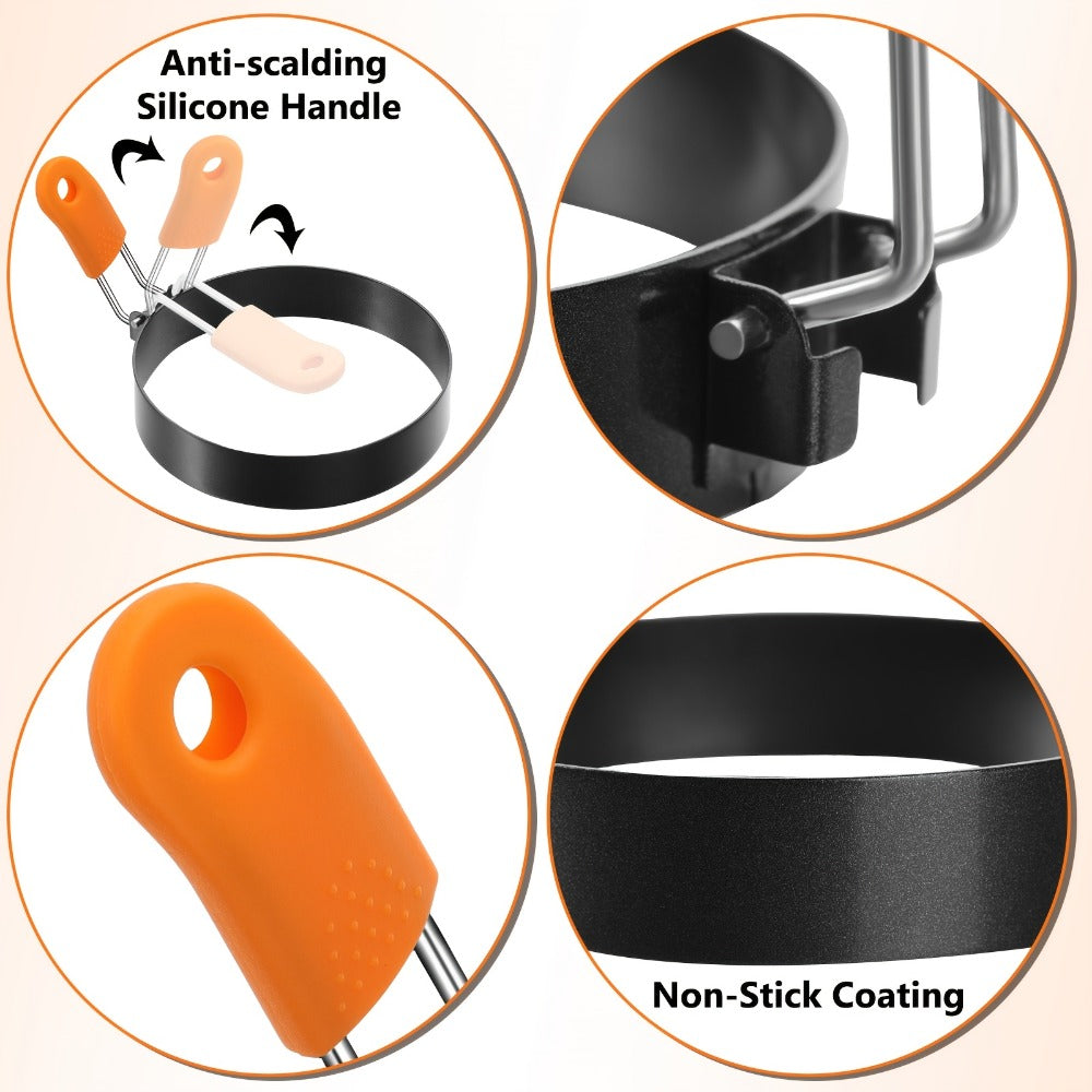 Egg Ring Set 6pcs Nonstick Stainless Steel Pancake Mold 4 Inch and 6 Inch Silicone Handle Round Griddle Shaper for Eggs Omelettes Pancakes Sandwiches Breakfast Cooking