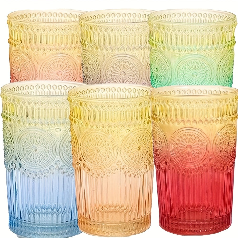 Vintage Drinking Glasses Set of 6 Colored Tumblers 14 oz ¨C Embossed Geometric Pattern, 6 Muted Colors, for Water, Juice, Beer, Cocktails, Whiskey & Milk ¨C Retro Barware Gift Set