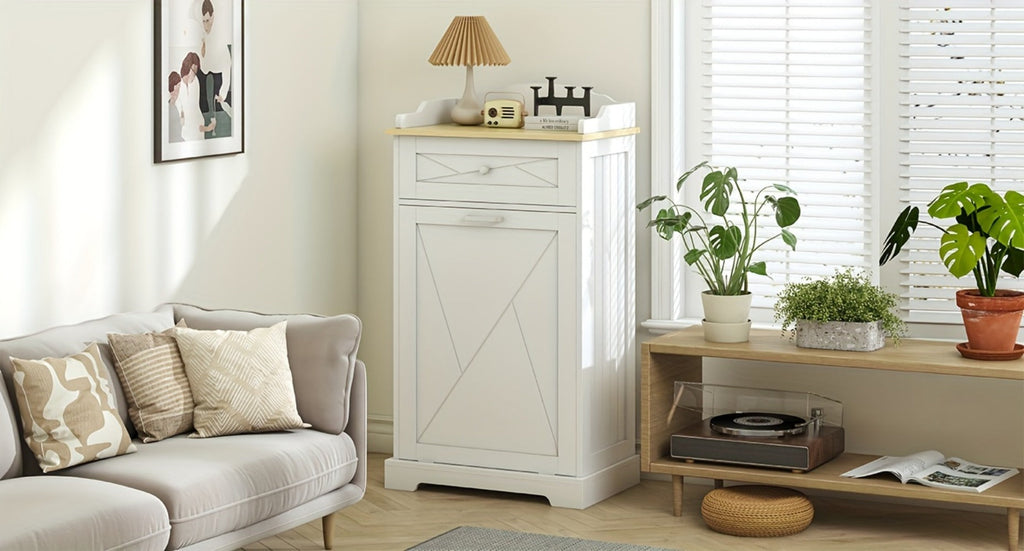 Tilt Out Trash Can Cabinet 12 Gallon Hidden Kitchen Trash Cabinet with Drawers, Pantry Storage, Laundry Hamper Cabinet