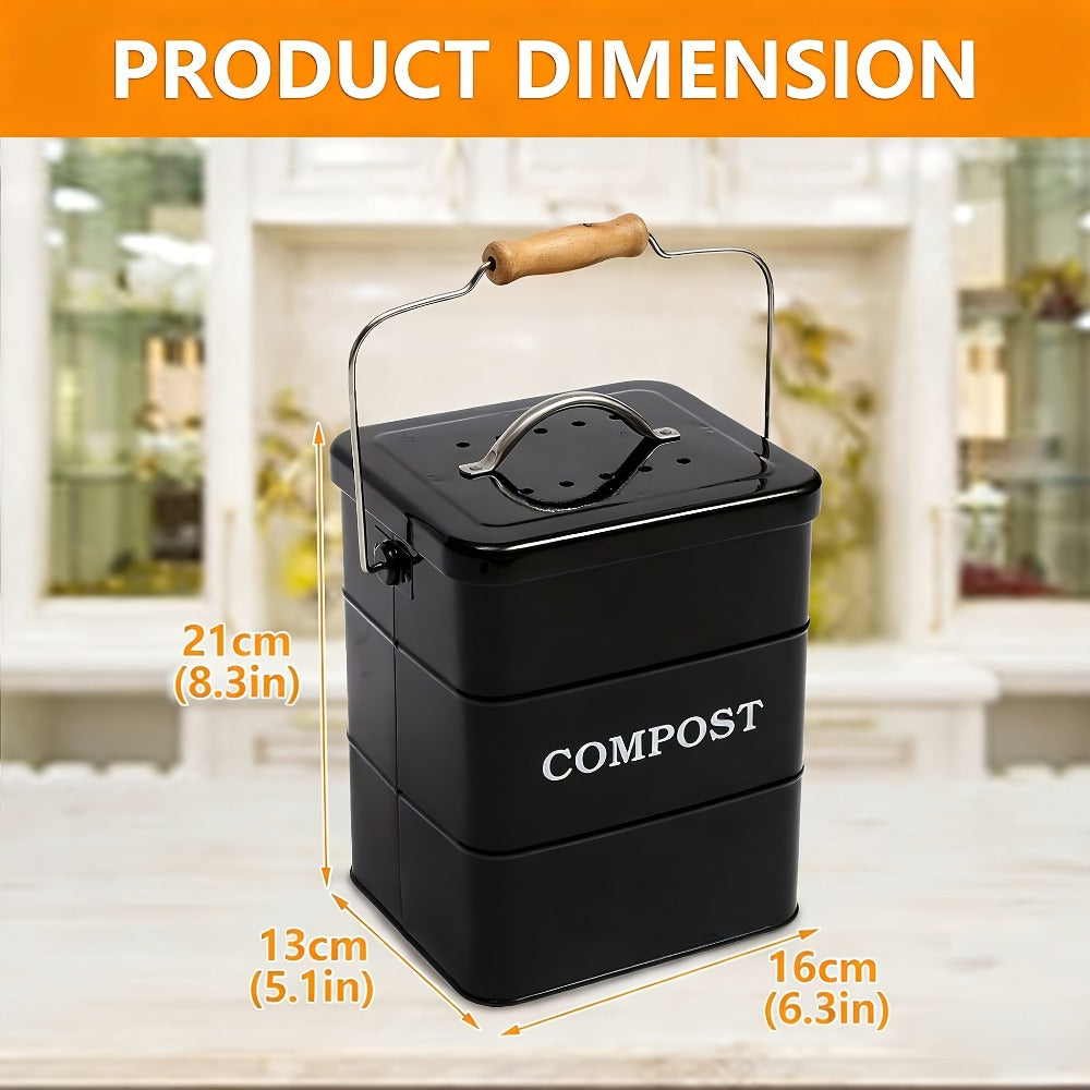 Kitchen Compost Bin 1 Gallon with Charcoal Filter & Wooden Handle, Odor-Free Indoor Countertop Food Waste Bin, Metal Compost Bucket for Home Kitchen, Available in Black, White, Gray, Green