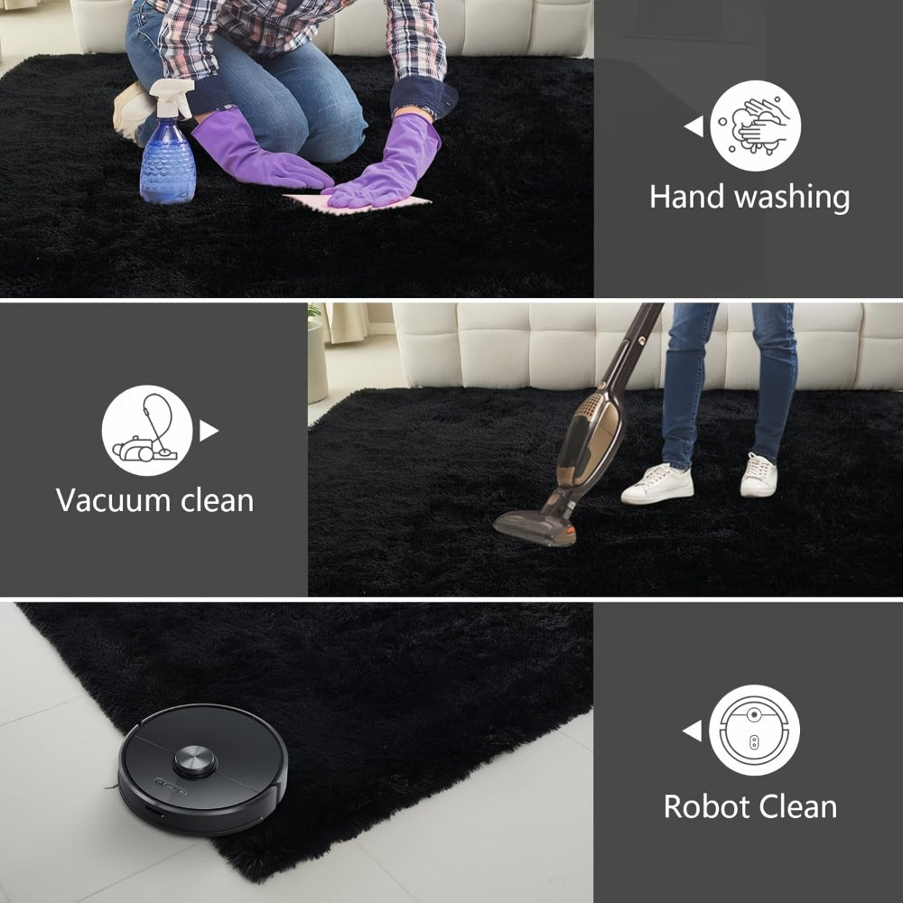 Shaggy Fluffy Area Rug for Bedroom Living Room - Soft Thick Tufted Fuzzy Carpet, Black, Multiple Sizes