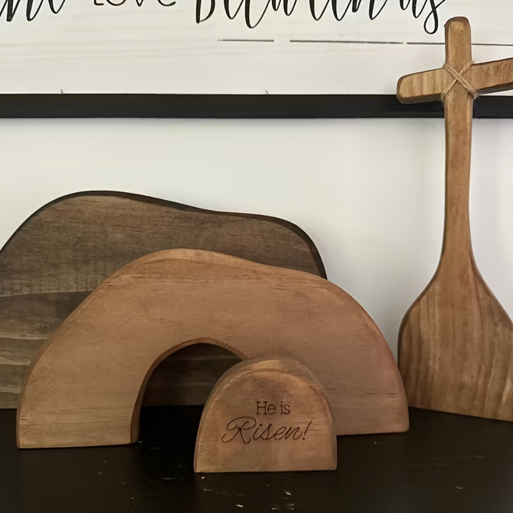 Easter Cross Decoration Wood He Is Risen Wooden Tomb Easter Resurrection Scene for Tray, Tabletop & Shelf ¨C Religious Nativity Decor for Home & Office