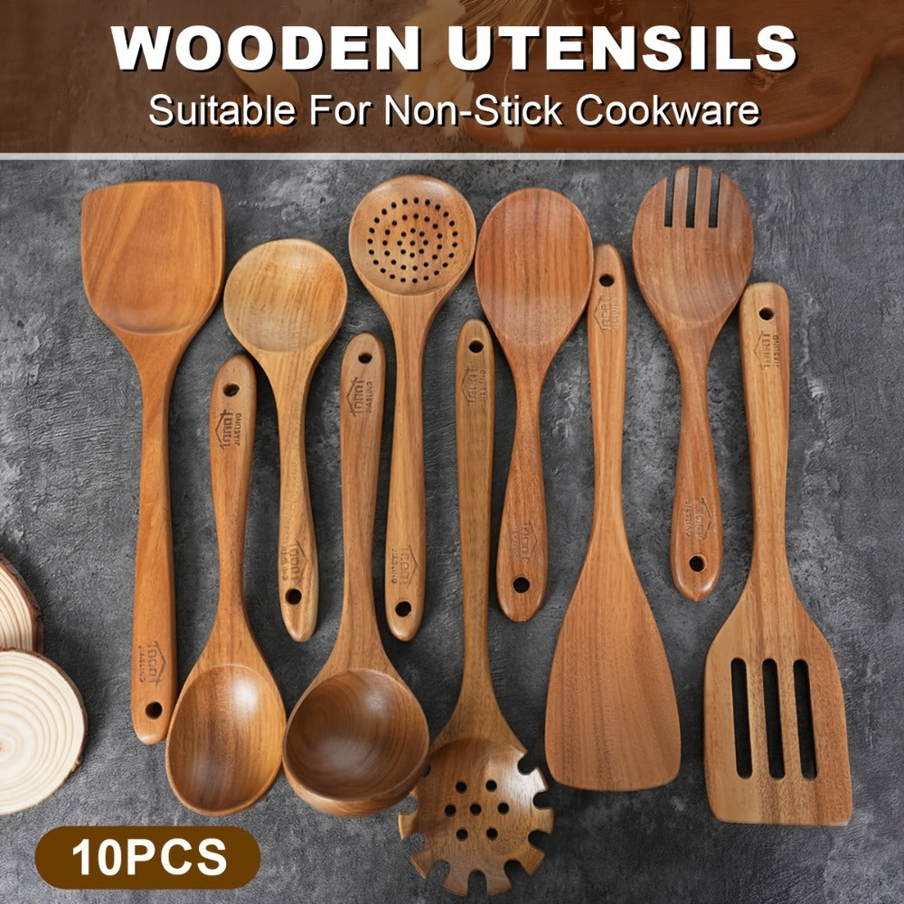 Wooden Spoons for Cooking 10 Pcs ¨C Teak Wood Kitchen Utensils Set, Non-Stick Safe Spatulas & Spoon Cooking Tools