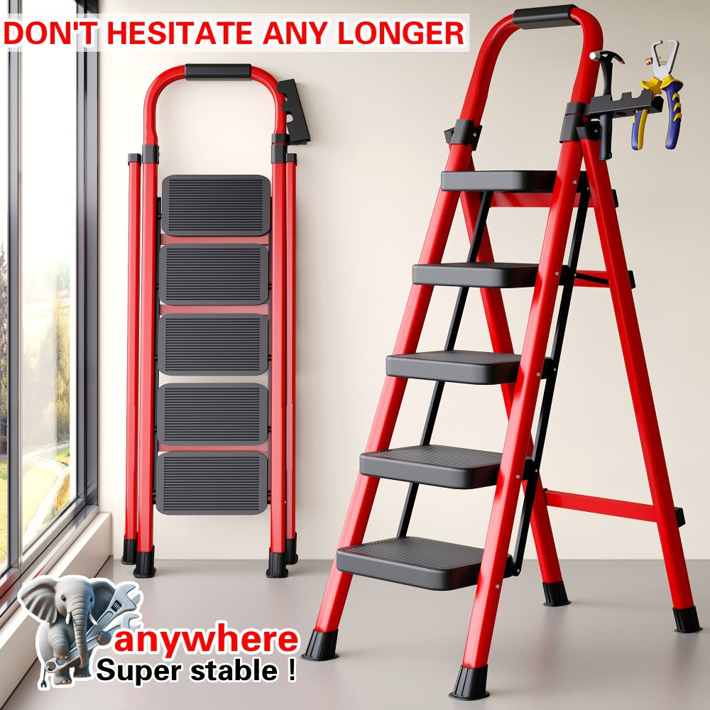 Folding Step Ladder 3 5 Step 500 lb Heavy Duty Steel Anti-Slip Wide Treads Handrail Safety Lock Portable Multi-Function Step Stool for Home Kitchen Garage Outdoor Black Red