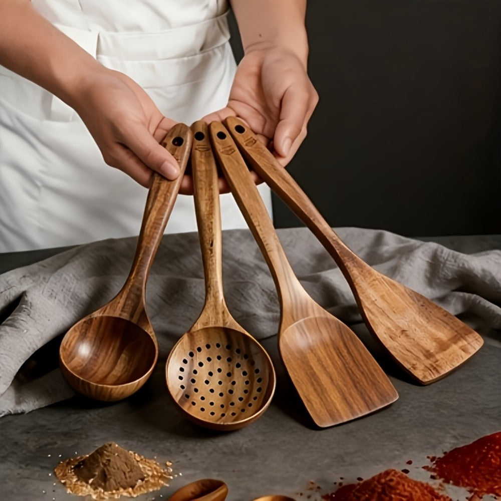Wooden Kitchen Utensils Set ¨C Natural Wood Spoon Spatula & Wok Spatula with Ergonomic Handle, Heat-Resistant Non-Stick Safe Cooking Tools, Easy to Clean Durable Kitchen Essentials (5 / 6 / 10 Piece Sets)