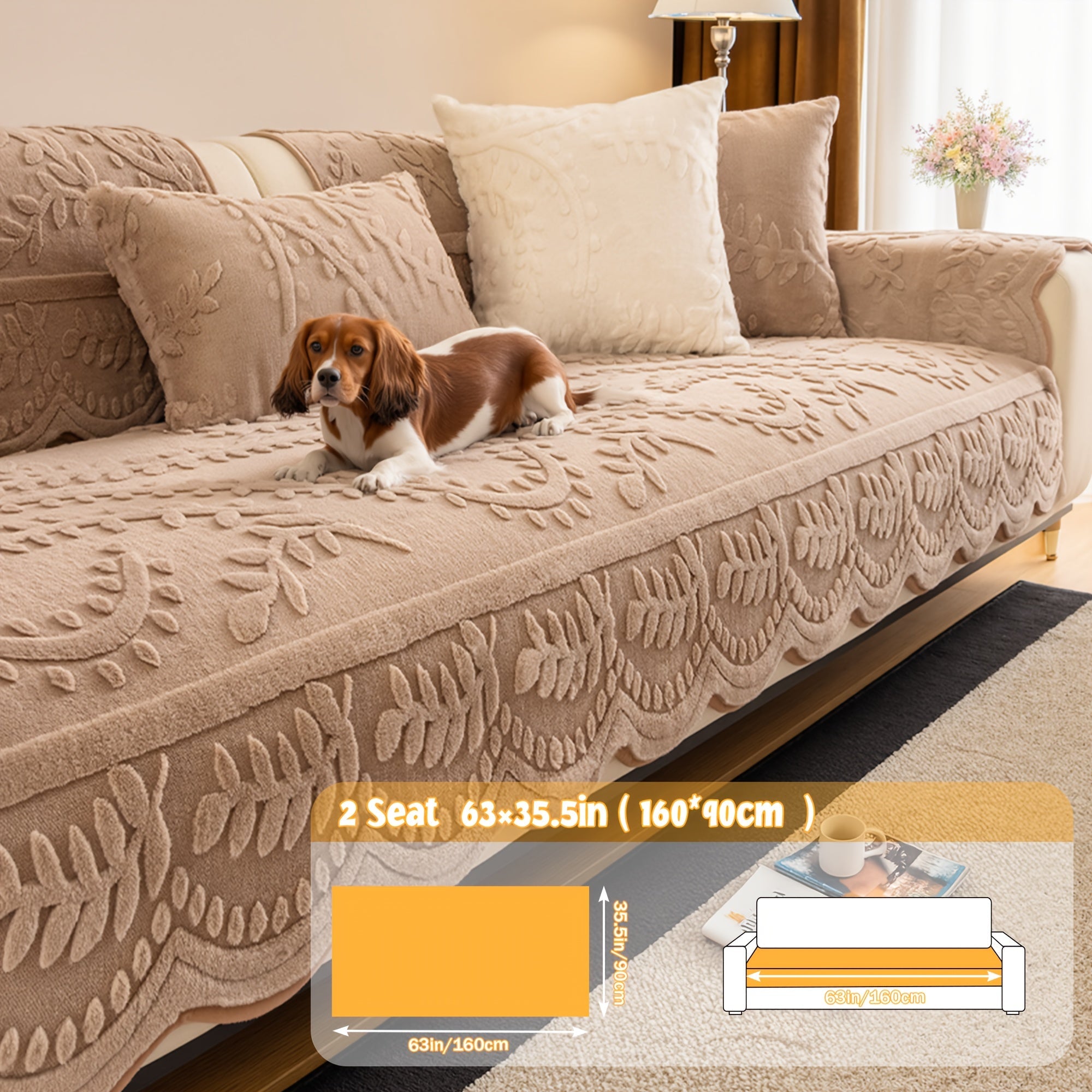 Faux Rabbit Fur Plush Sofa Cover Non-Slip | Thickened Quilted Couch Cushion, Machine Washable Pet Friendly, 1 to 4 Seat Armrest Backrest, White Light Grey Brown, Home Winter Decor