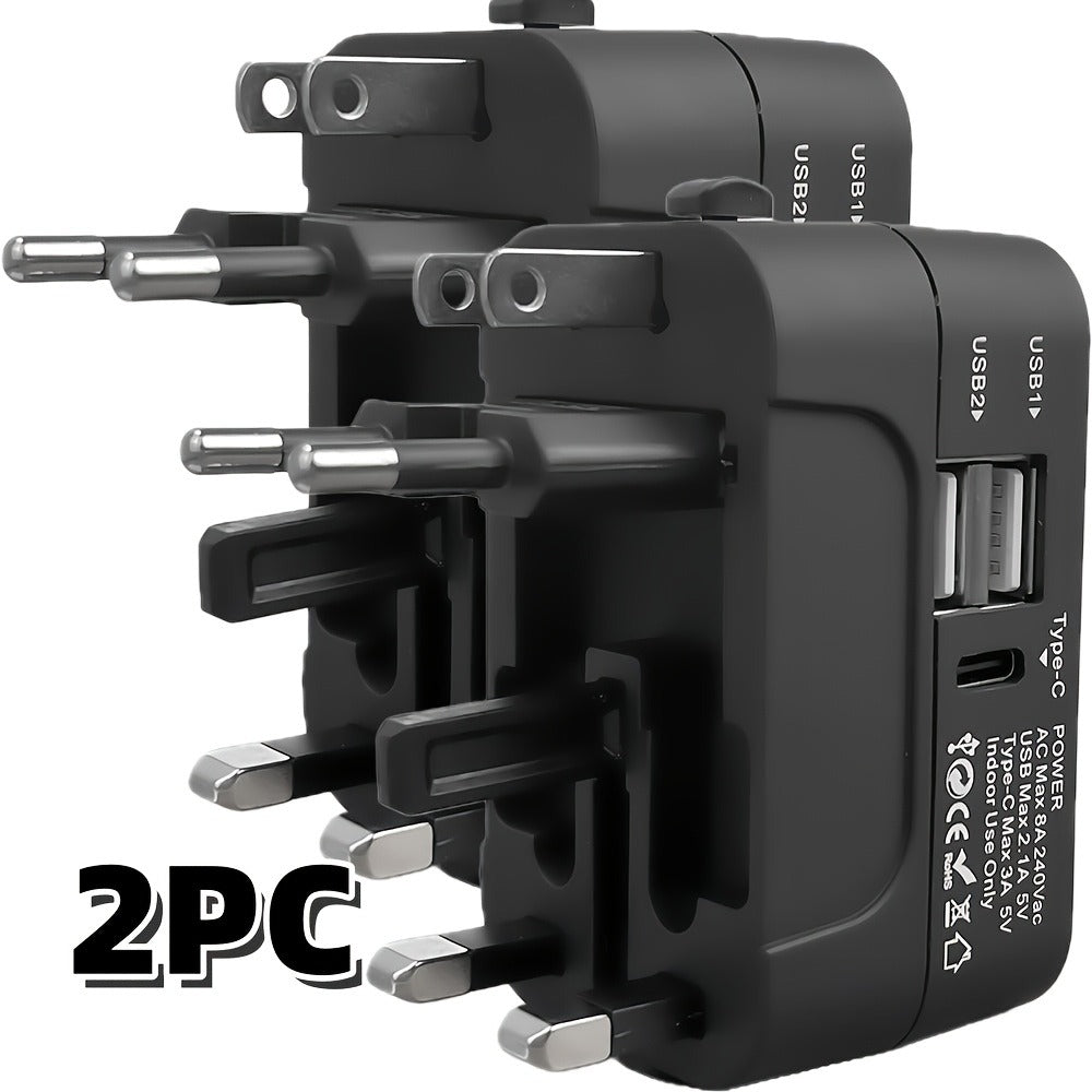 Universal Travel Adapter with Surge Protection - 2 USB & Type-C Ports, All-in-One International Plug for 350+ Countries, 100-240V Input, Fast Charging, Compact Lightweight Design, White & Black