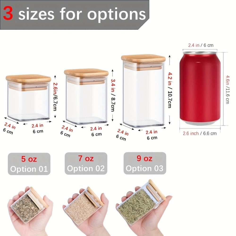 Spice Glass Jars Set with Labels 12pcs, Square Glass Spice Jars with Bamboo Lids, Sticker Labels, 5oz 7oz 9oz Food Storage Containers