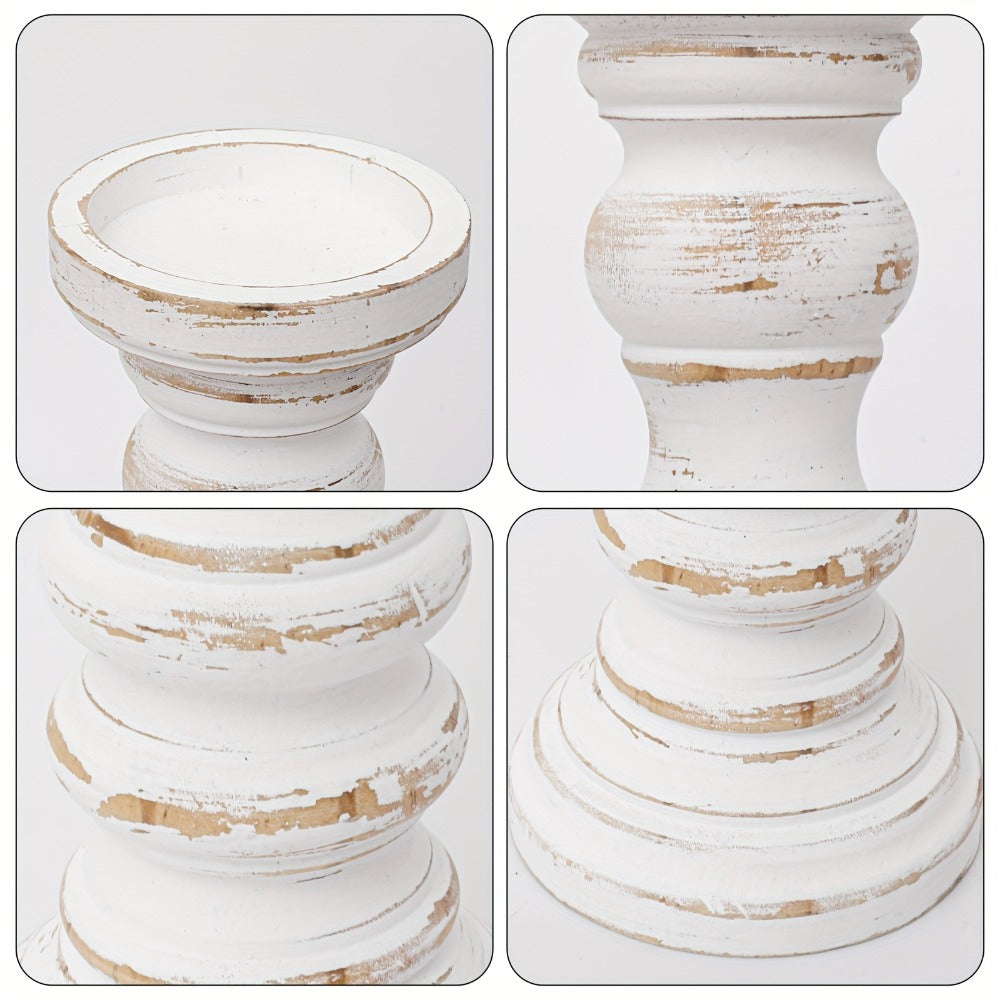 Wood Pillar Candle Holder Set of 3 - Farmhouse Rustic Wooden Candlestick Holders for Pillar Candles, Tiered Tray Decor, Table Centerpiece, Mantel Shelf Home Decor, White Black Brown