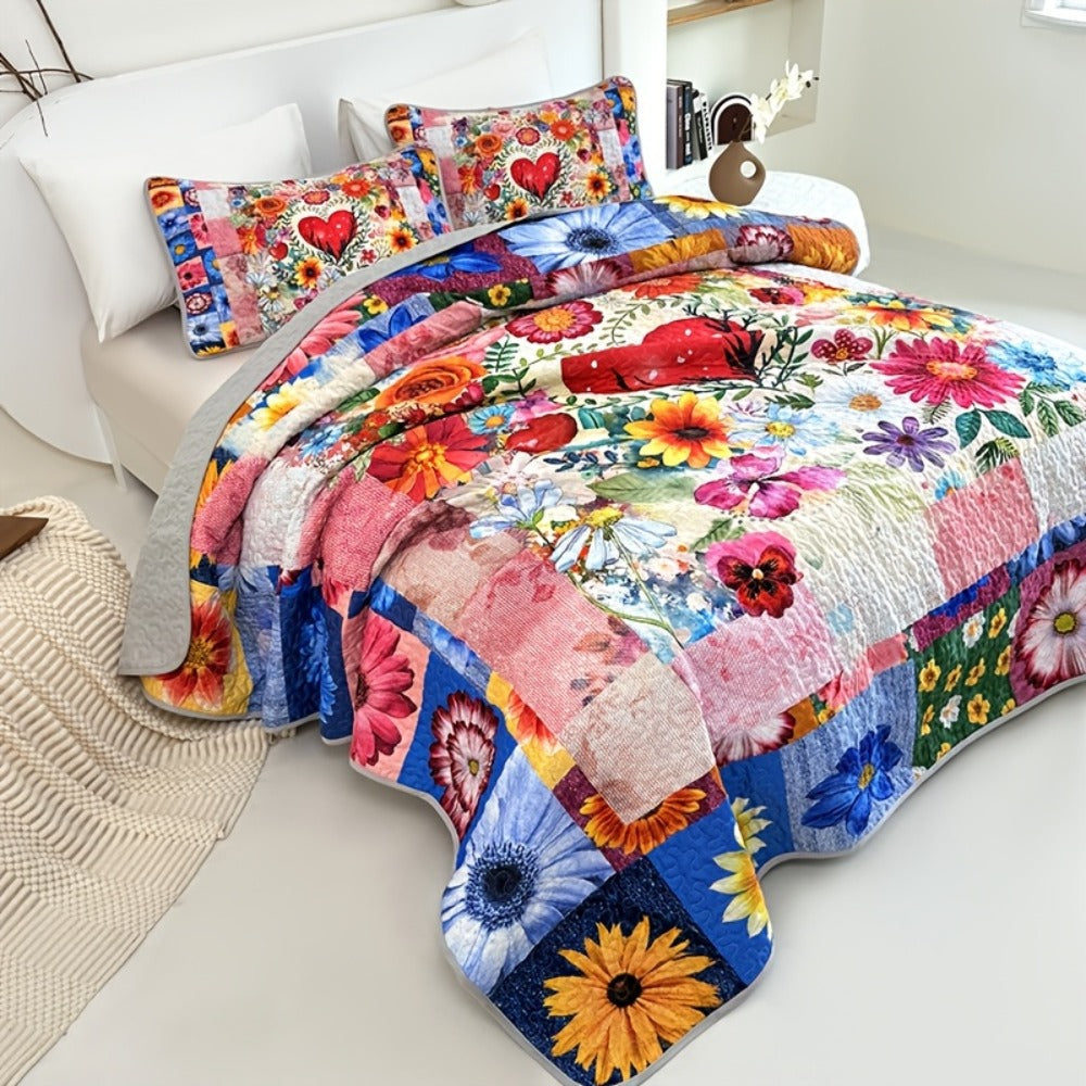 Comforter Set 2 3 Piece Colorful Floral Print Quilt with Pillowcases, Soft Breathable Hypoallergenic Machine Washable Quilted Bed Cover for Twin Full Queen King, Boho Flower Bedding Room Decor